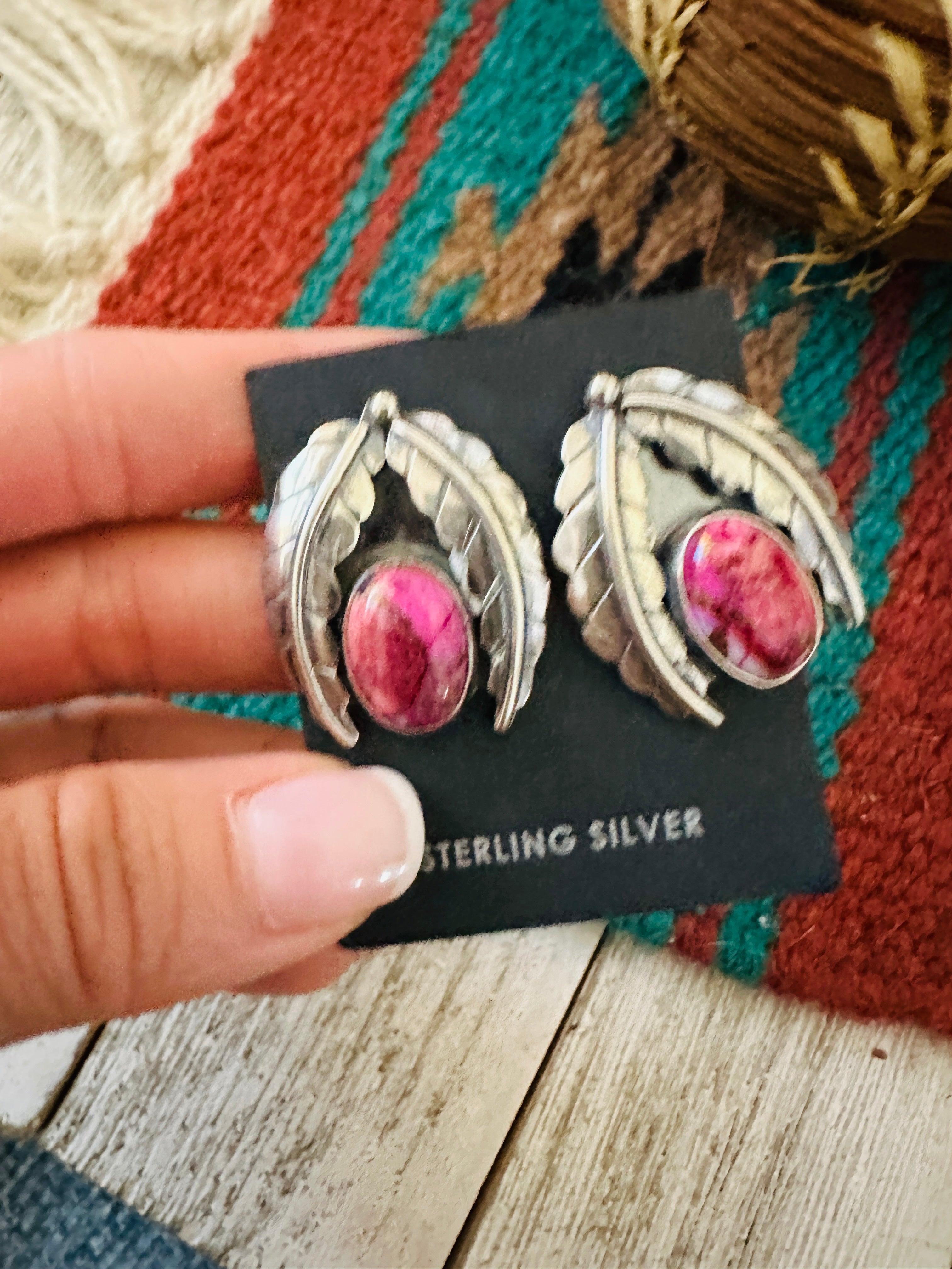 Navajo Pink Mojave & Sterling Silver Leaf Post Earrings