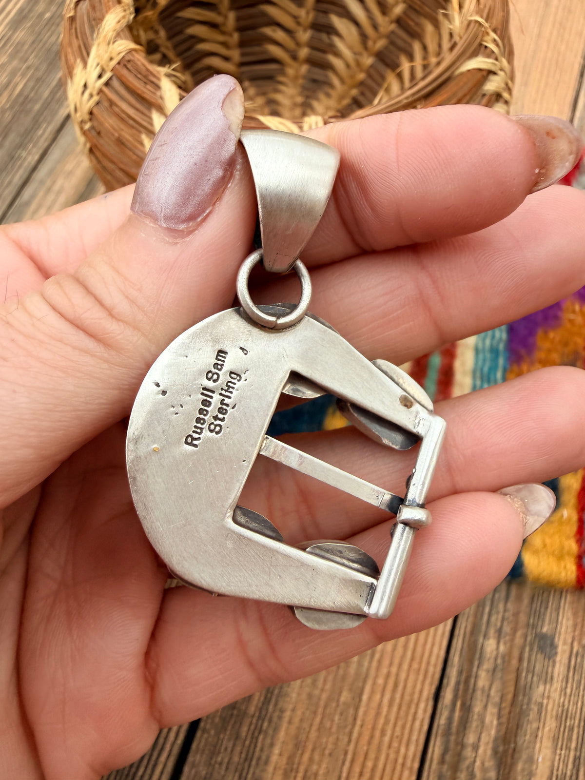 Handcrafted Sterling Silver & Turquoise Belt Buckle Pendant by Russell Sam