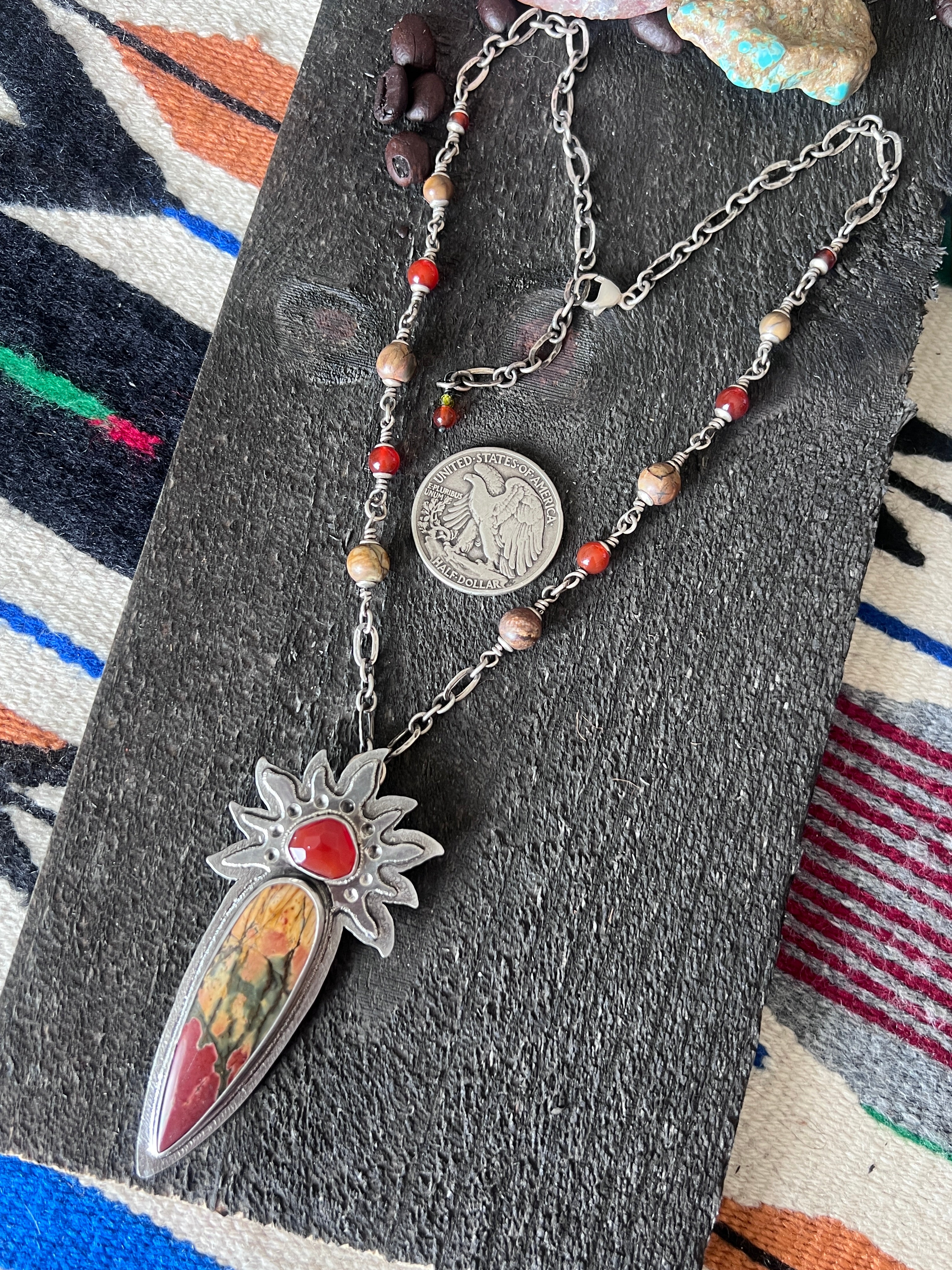 Tularosa Rosary Style Sterling Silver, Red Creek Jasper and Carnelian Sun Fire Necklace