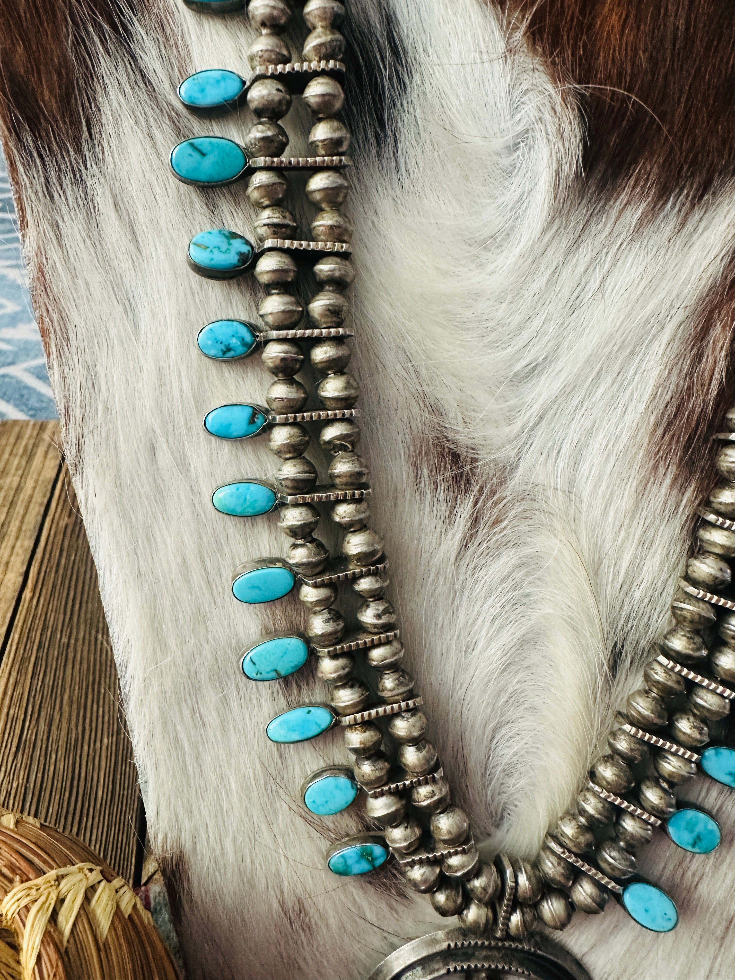 Old Pawn Handcrafted Turquoise & Sterling Silver Squash Blossom Necklace