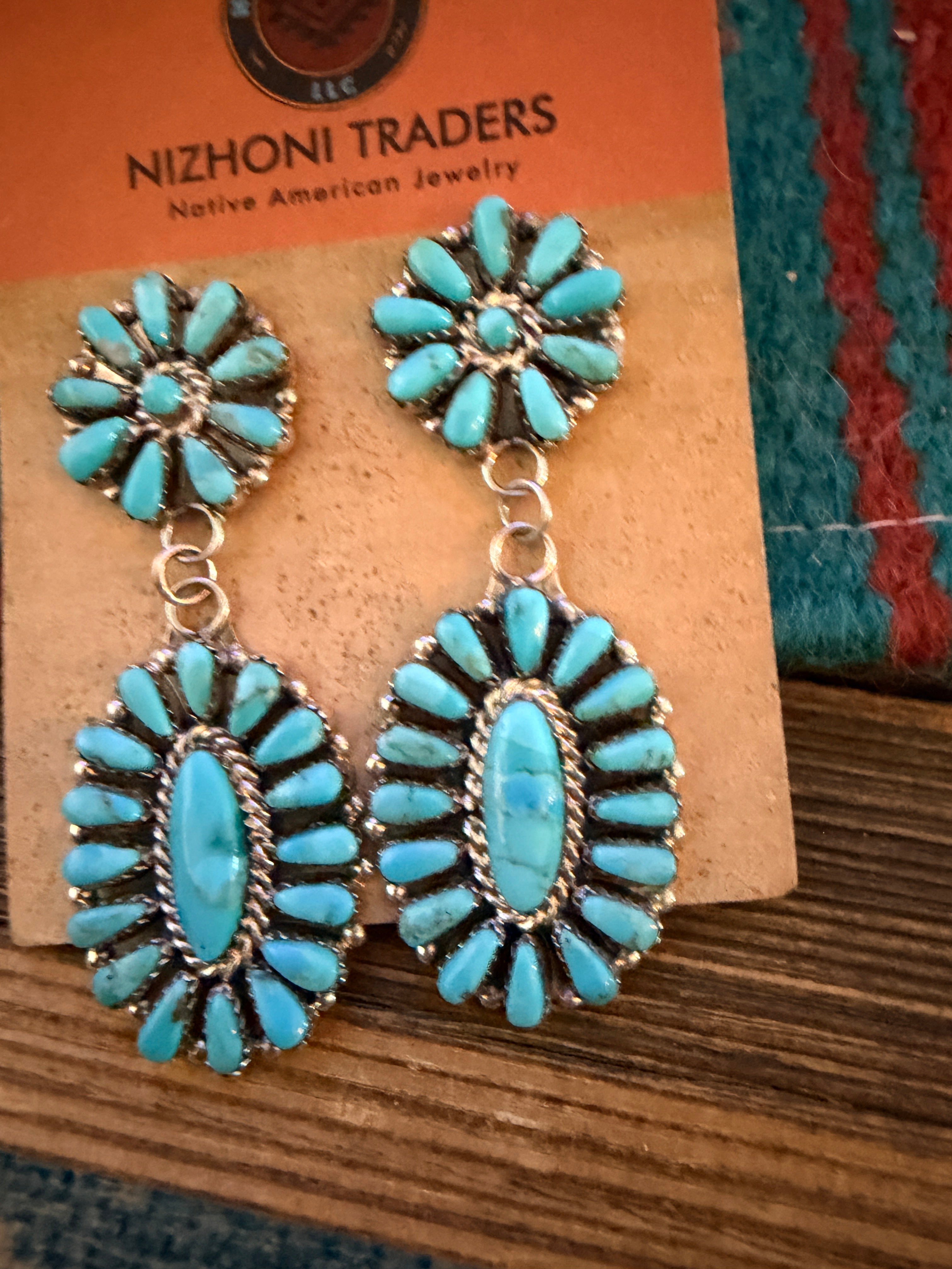 Handcrafted Turquoise & Sterling Silver Cluster Dangle Earrings by Pamela Benally