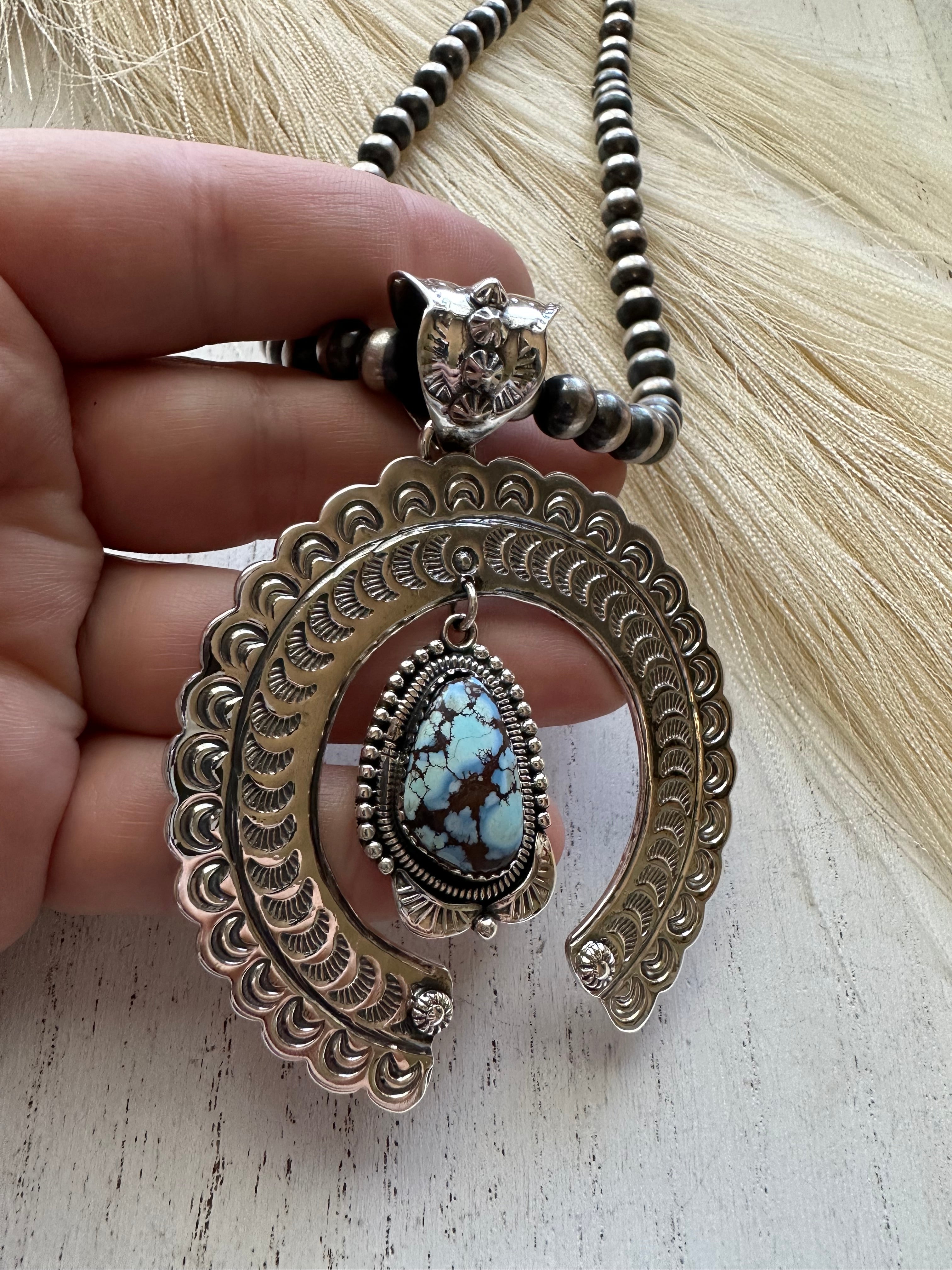 “The Statement Pendant ” Handmade Sterling Silver & Golden Hills Turquoise Naja Pendant