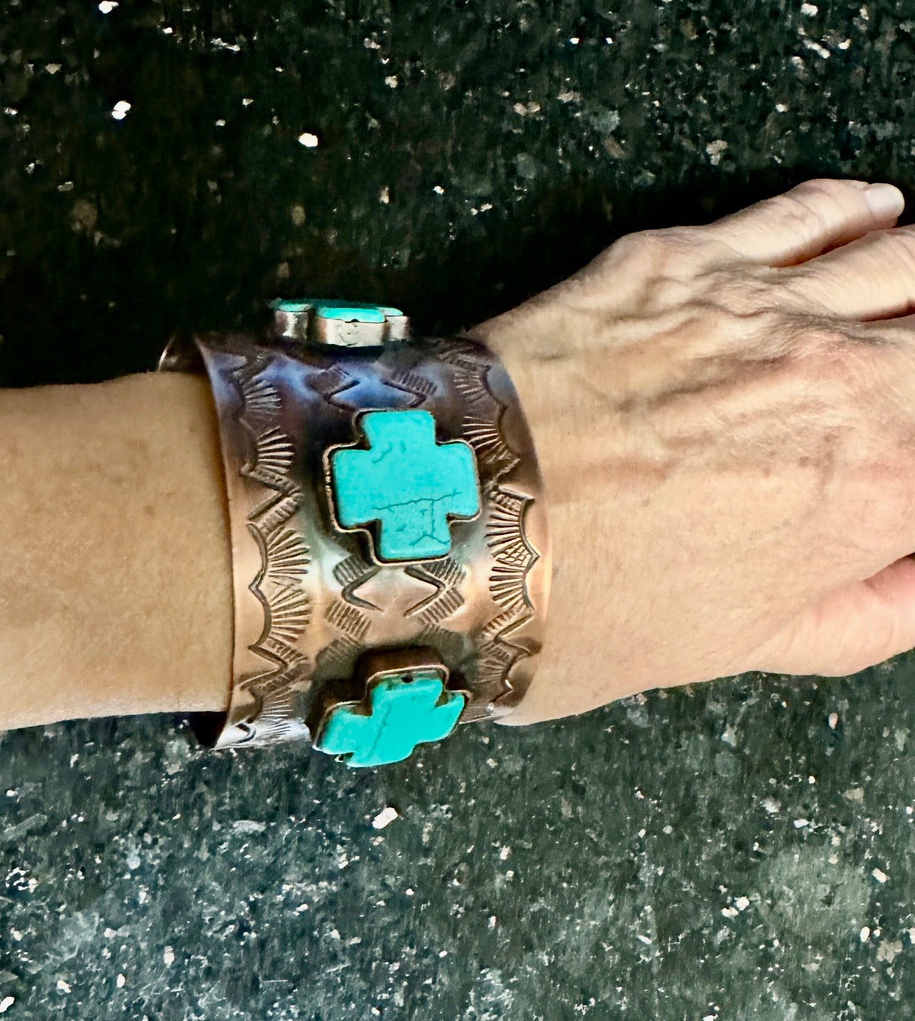 Engraved Copper Cuff Bracelet with Blue Cross Accents