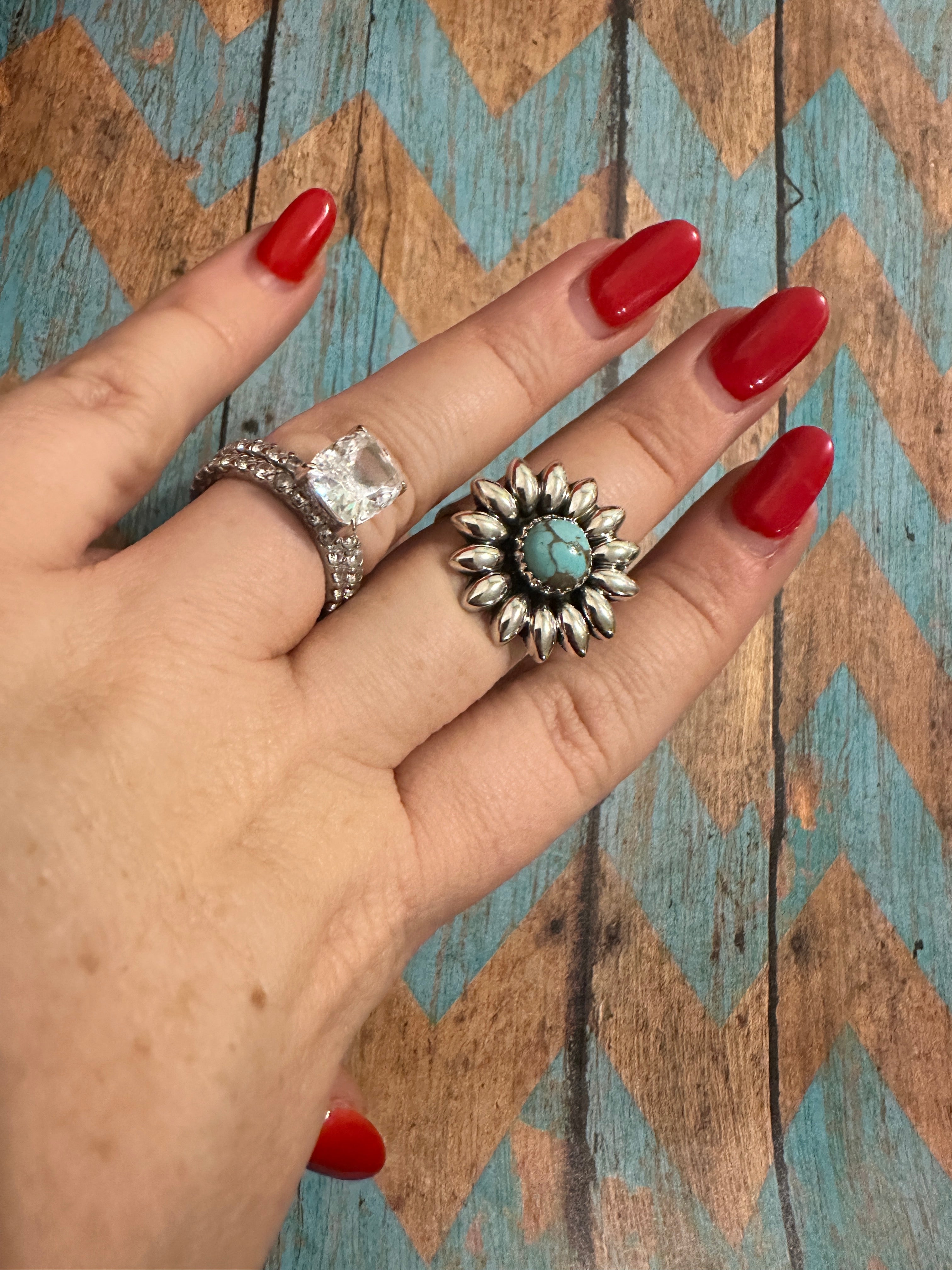 Beautiful Handmade Number 8 Turquoise And Sterling Silver Adjustable Flower Ring