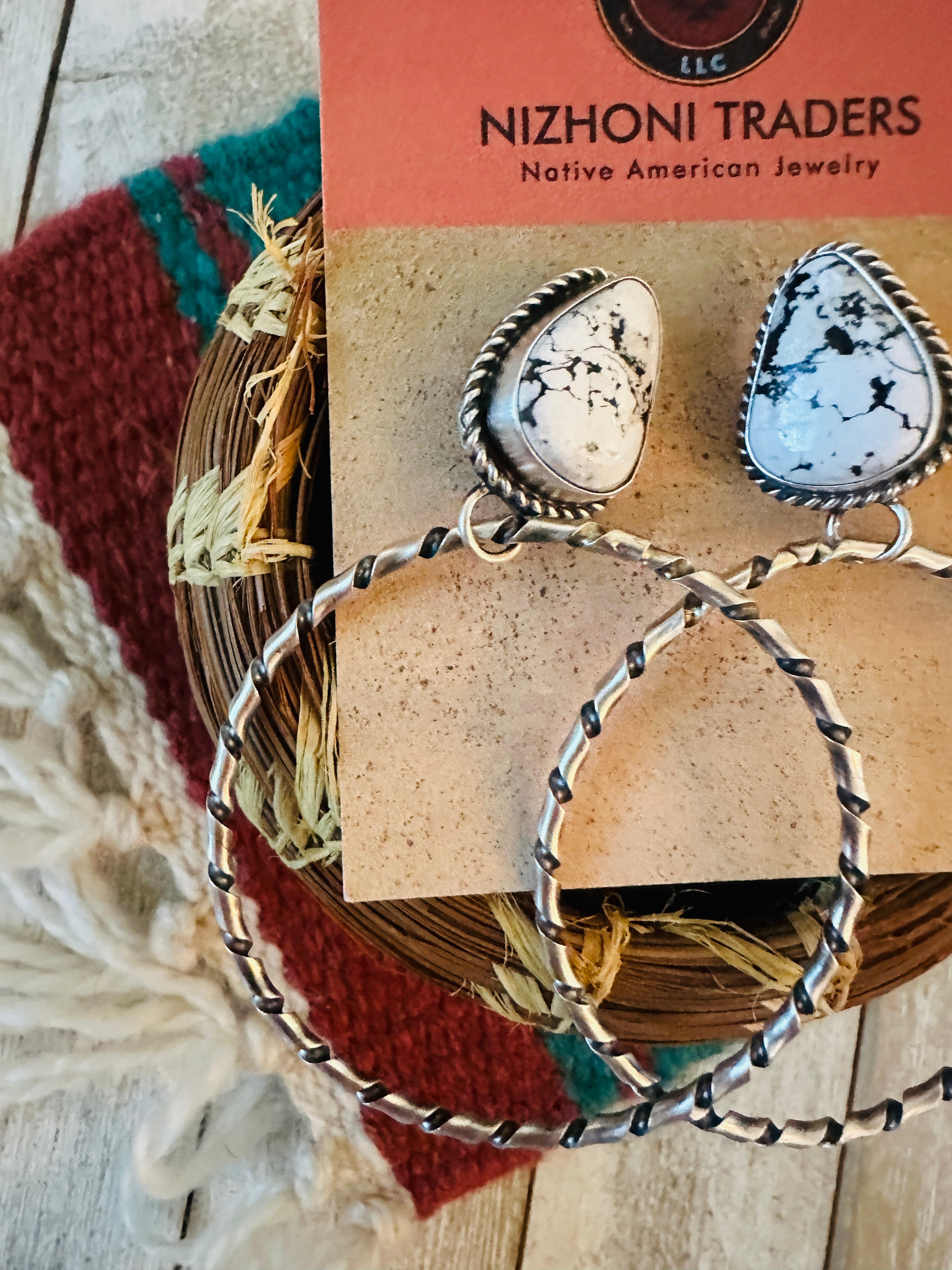 Navajo White Buffalo and Sterling Silver Dangle Hoop Earrings
