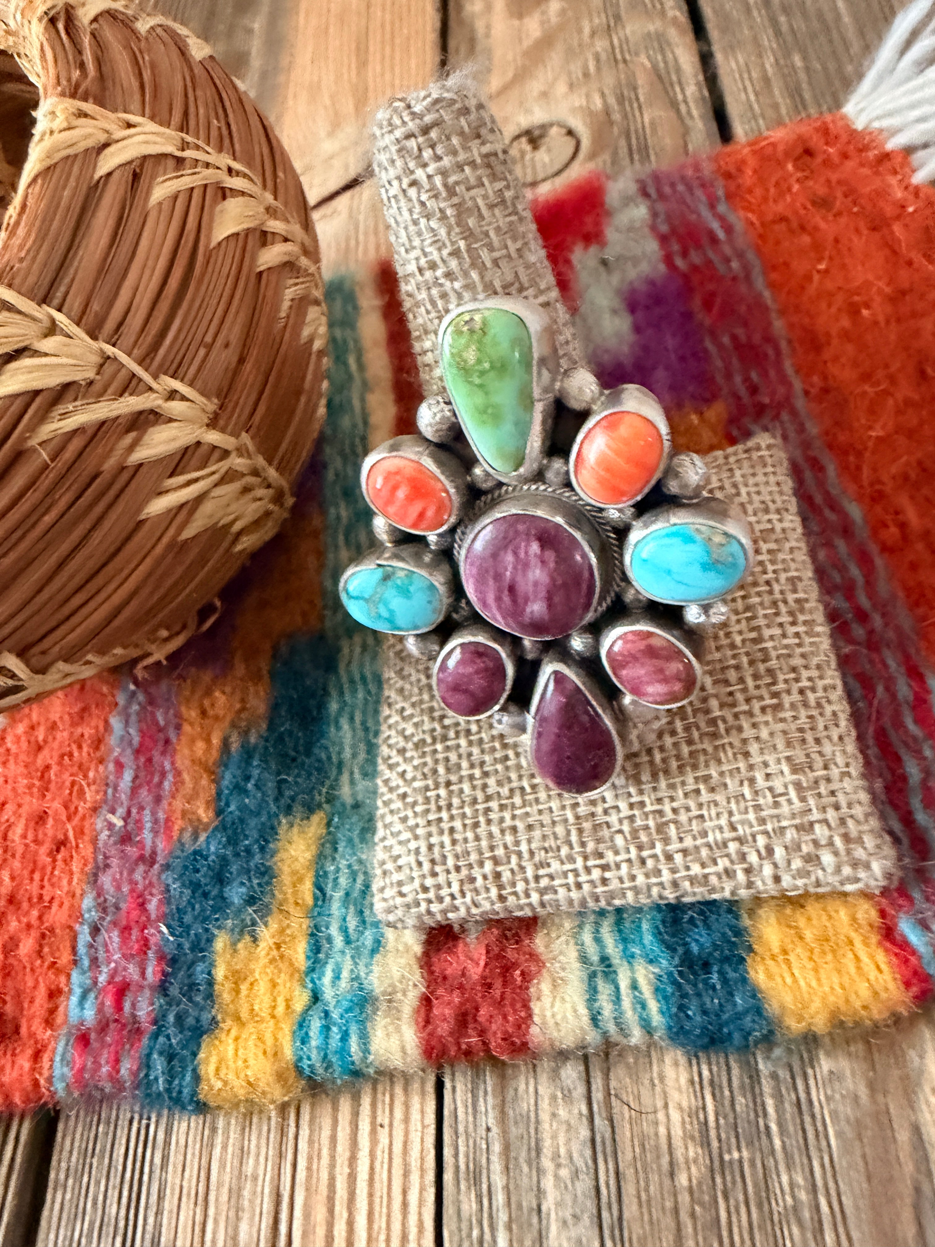 Handcrafted Spiny Oyster, Turquoise & Sterling Silver Adjustable Cluster Ring by Sheila Becenti