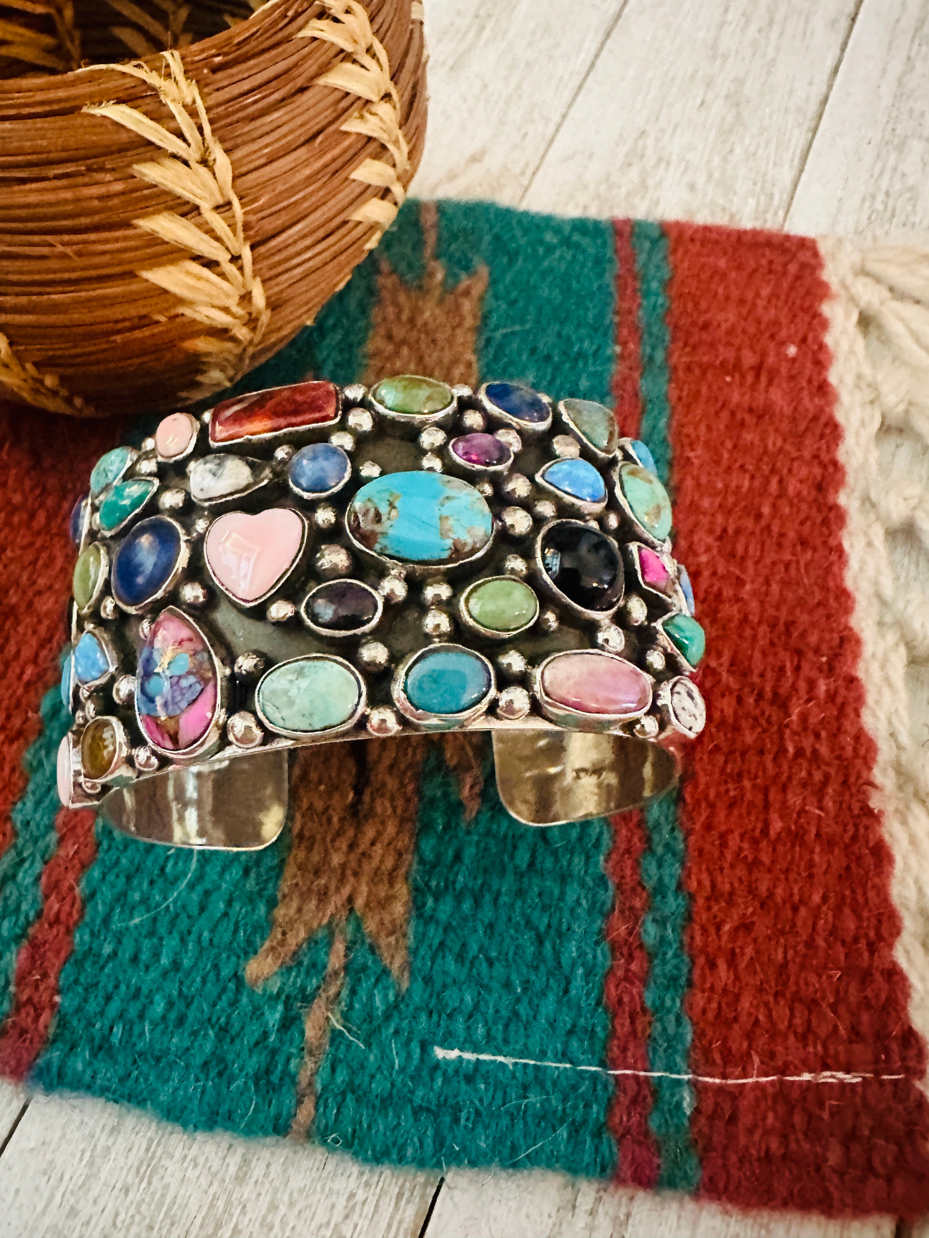 Navajo Multi Stone & Sterling Silver Cluster Cuff Bracelet