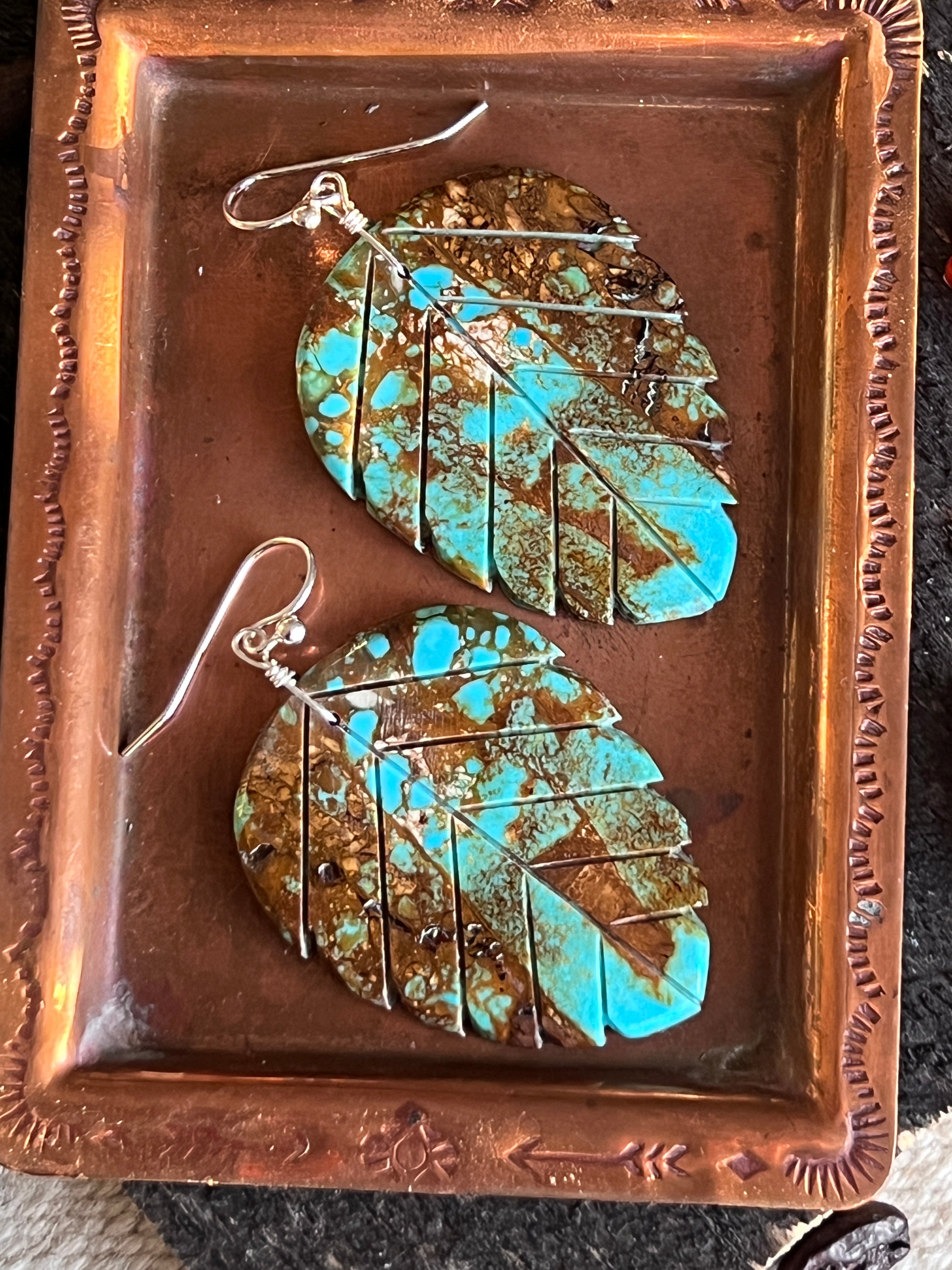 Santo Domingo Carved Turquoise Leaf Earrings by Ronald Chavez