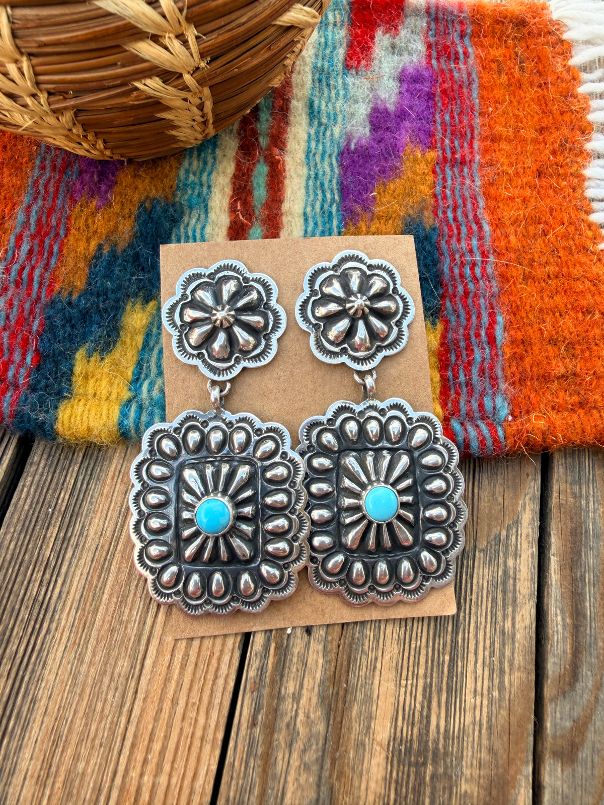 Handcrafted Turquoise & Sterling Silver Concho Dangle Earrings