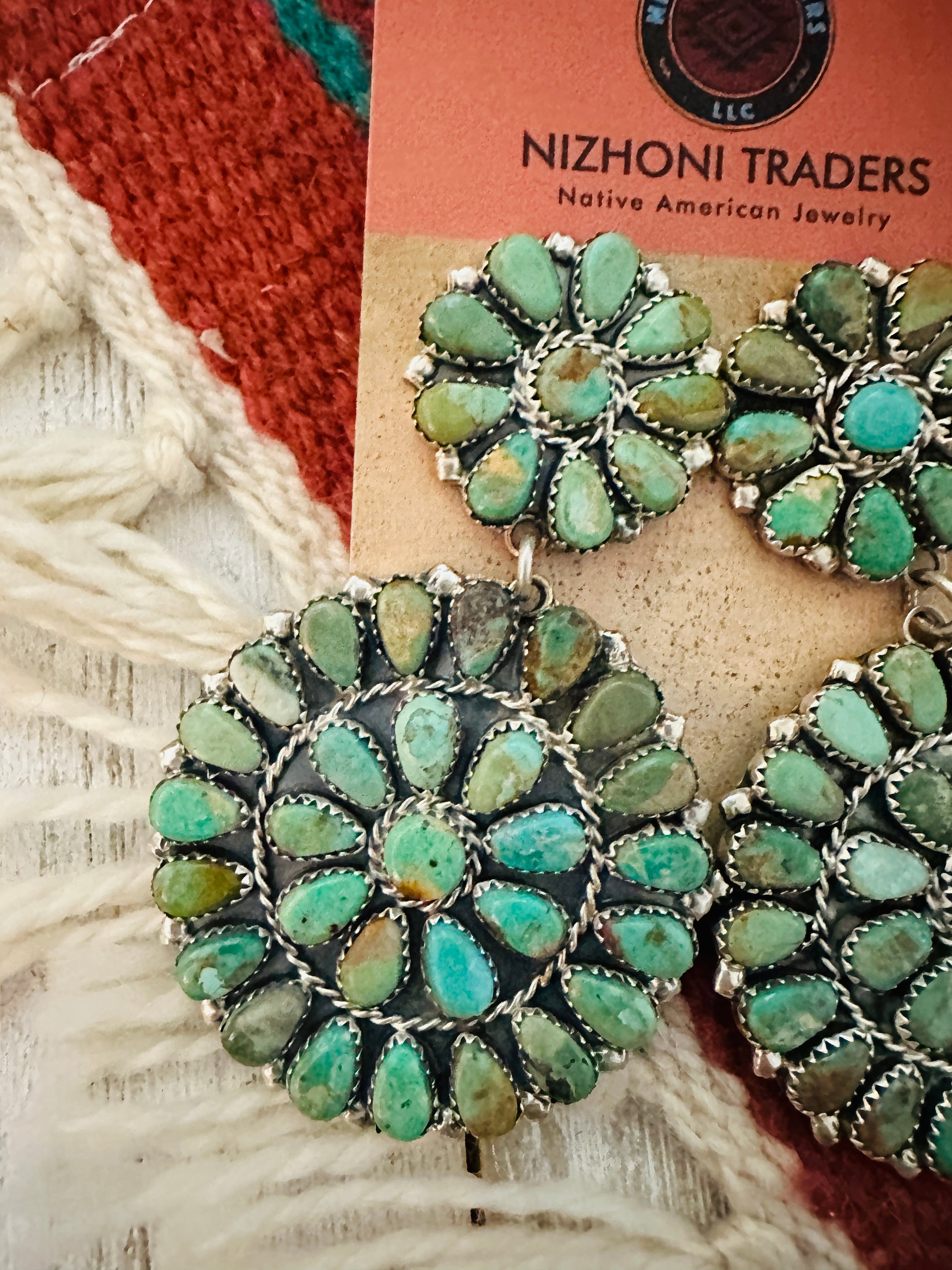 Navajo Royston Turquoise & Sterling Silver Cluster Dangle Earrings