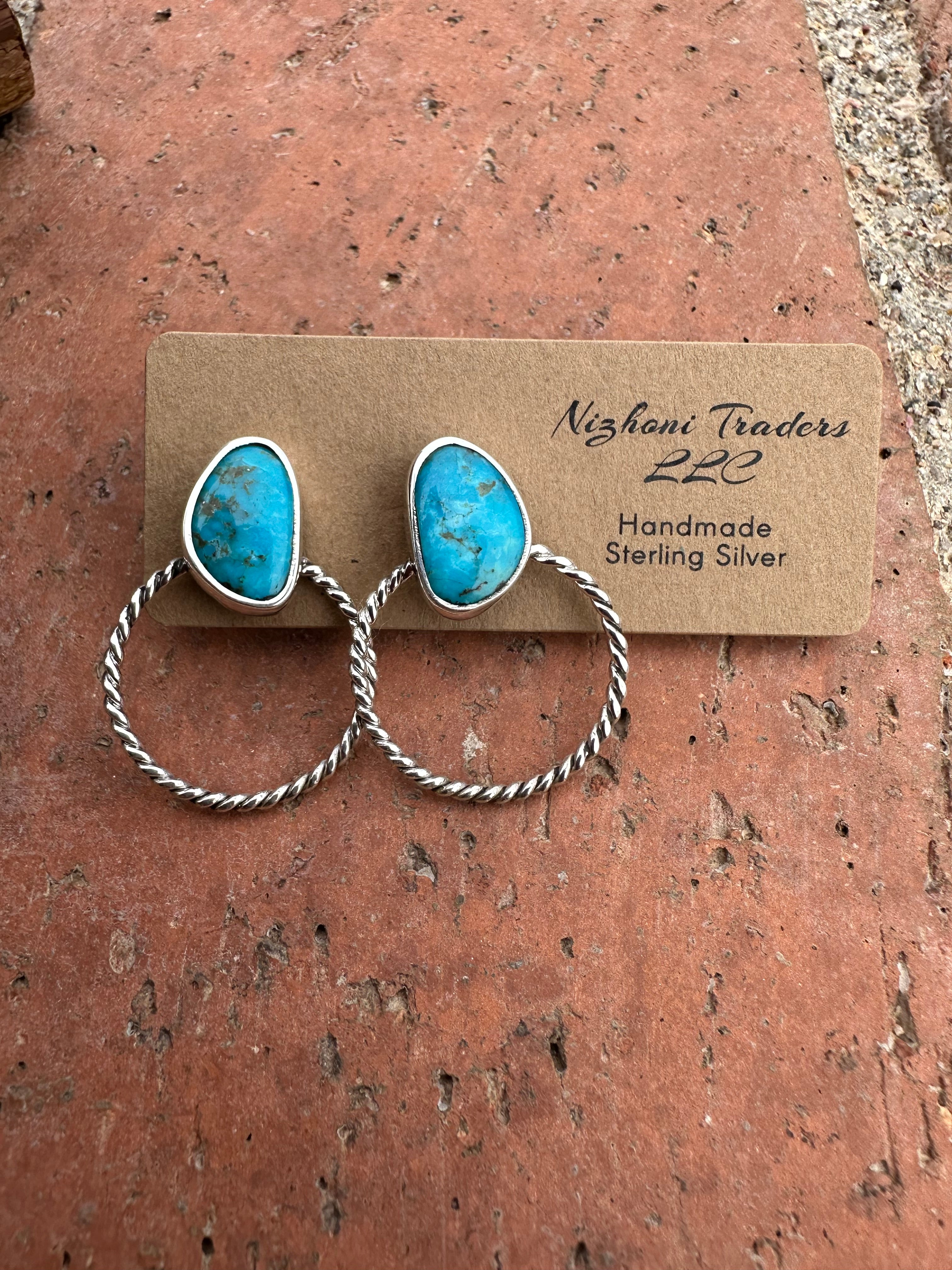 Handmade Kingman Turquoise & Sterling Silver Twisted Hoop Earrings