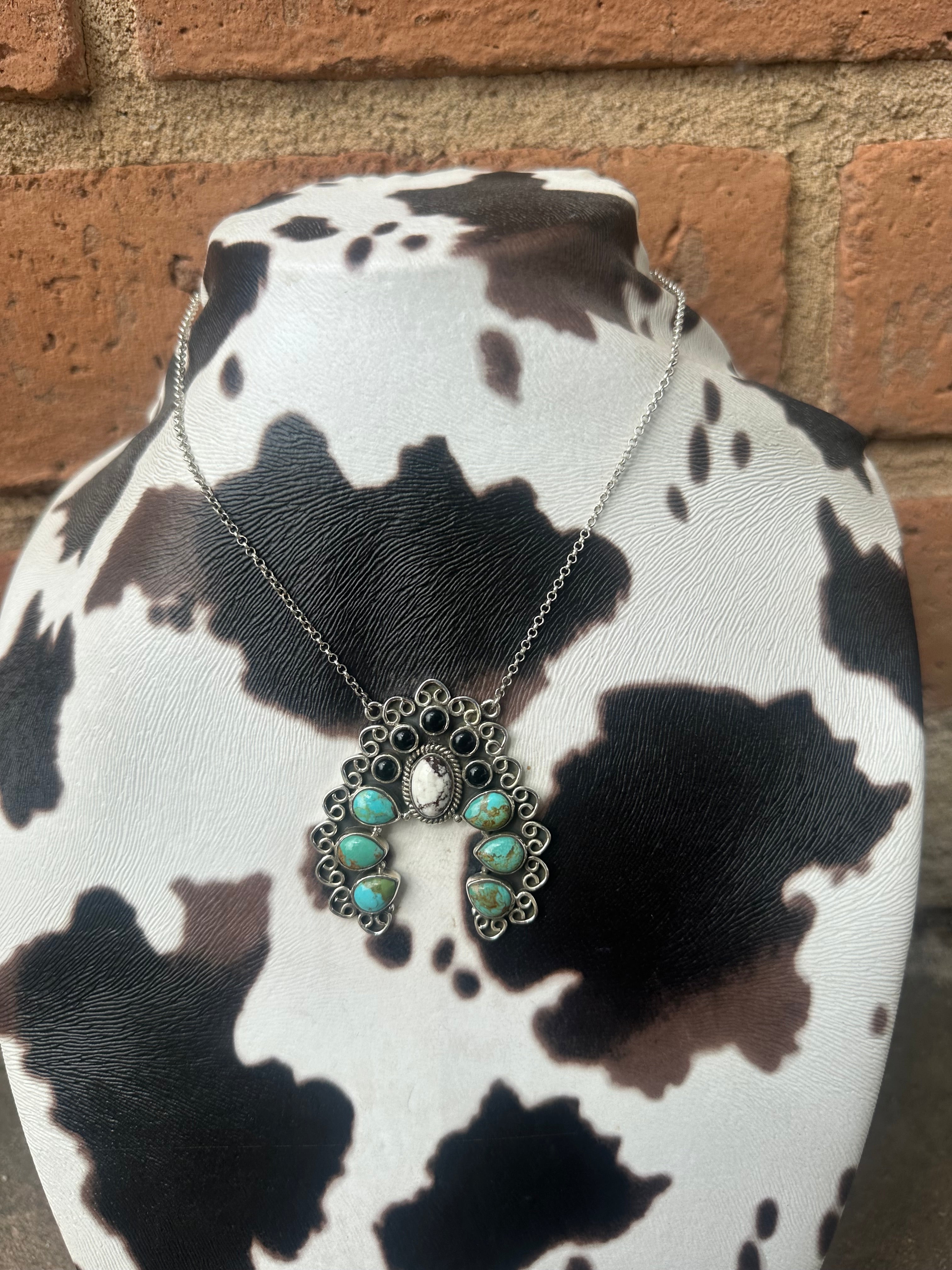 Nizhoni Handmade Wild Horse, Onyx, Turquoise & Sterling Silver Naja Necklace