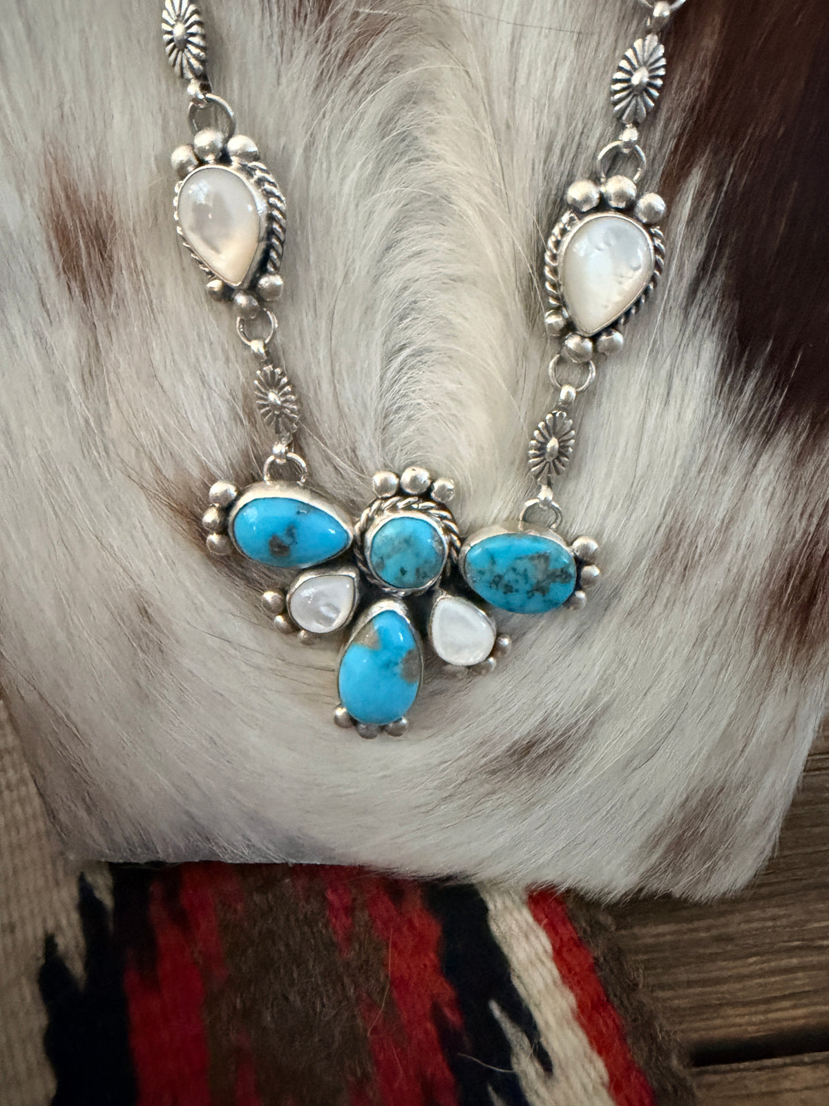 Handcrafted Turquoise, Mother of Pearl & Sterling Silver Cluster Necklace and Earring Set by Fred Francis