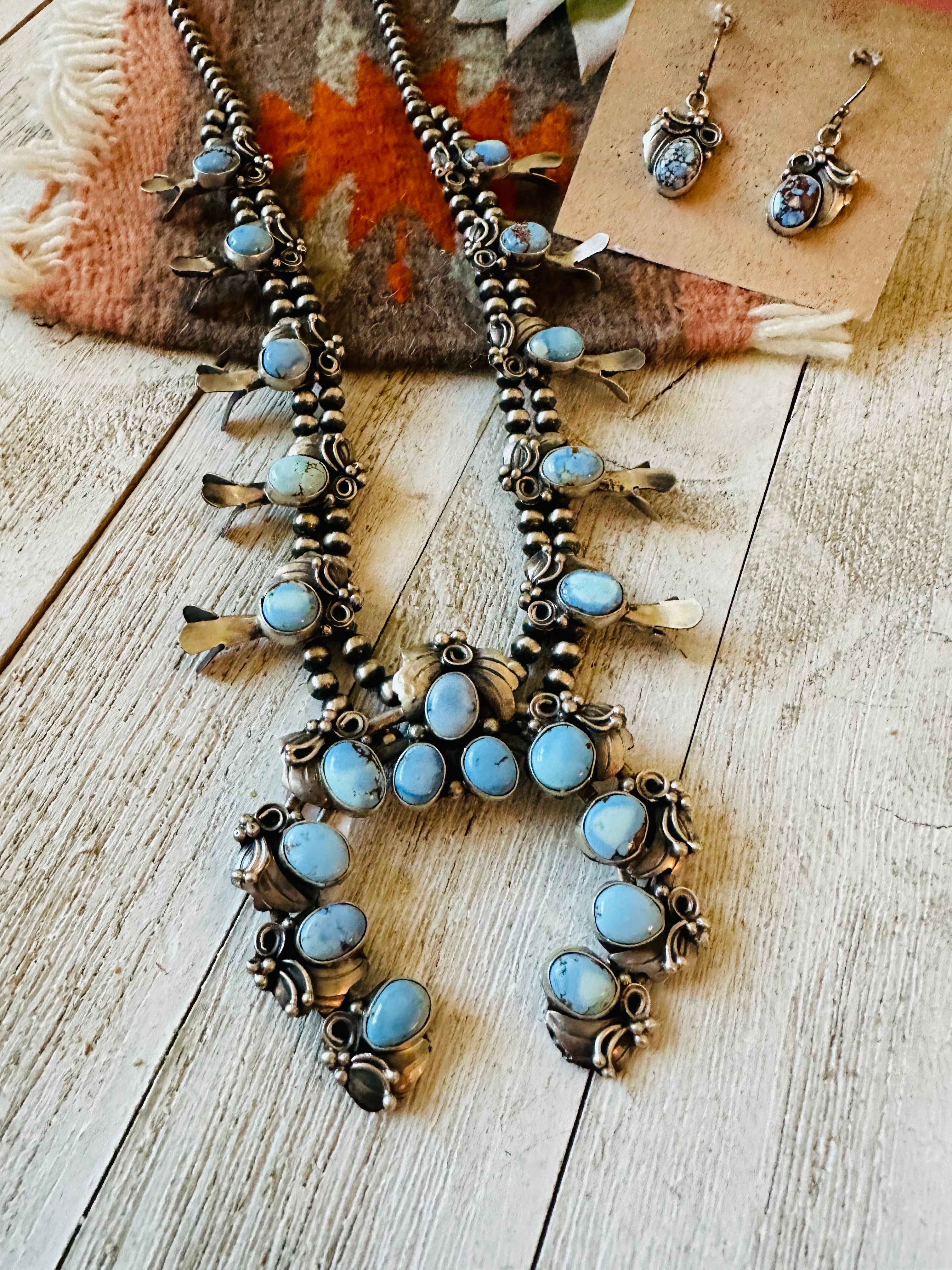 Navajo Golden Hills Turquoise & Sterling Silver Squash Blossom Necklace Set