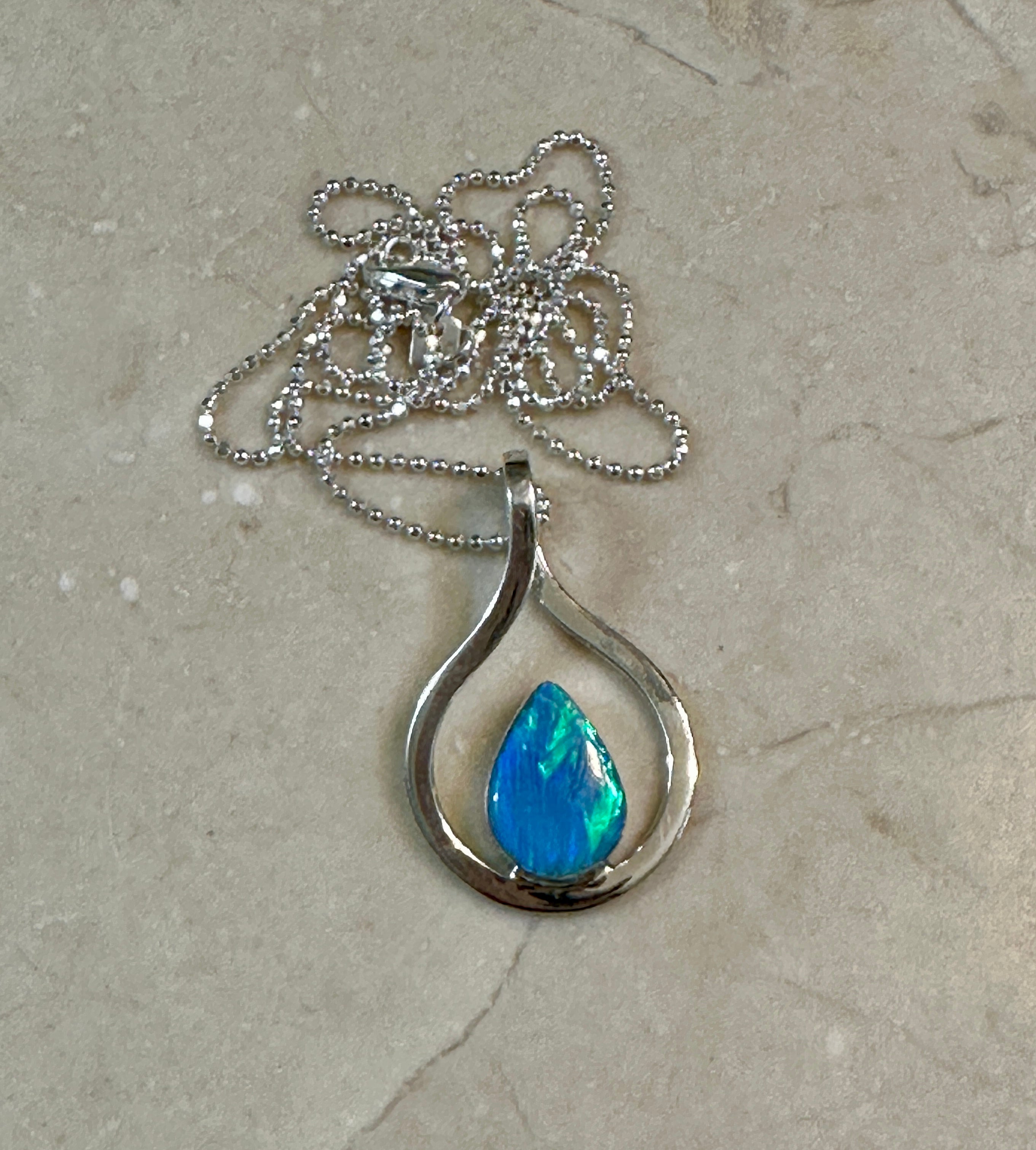 Light Blue Opal Teardrop in Silver Frame Necklace