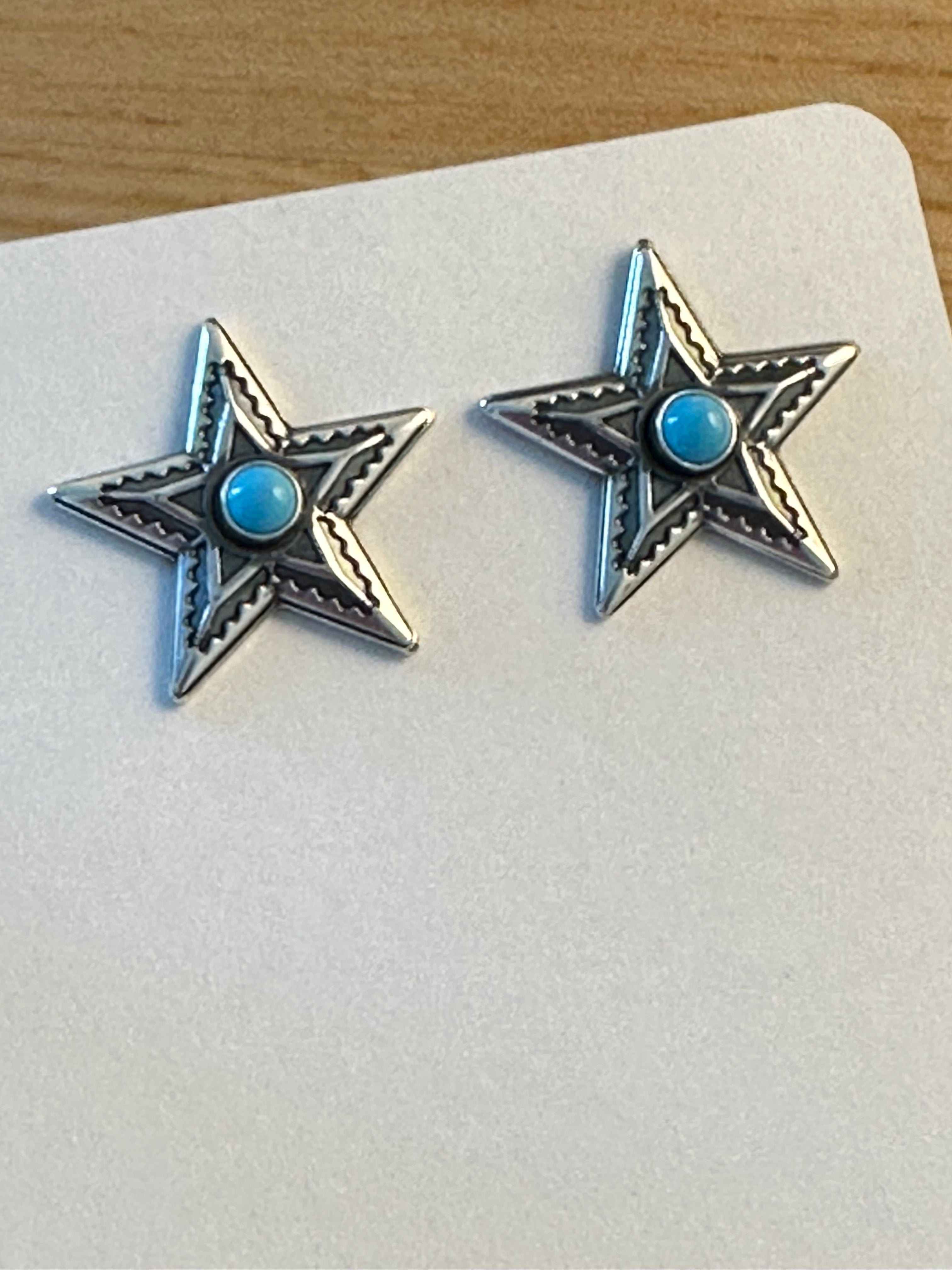 Beautiful Navajo Turquoise & Sterling Silver Star Stud Earrings