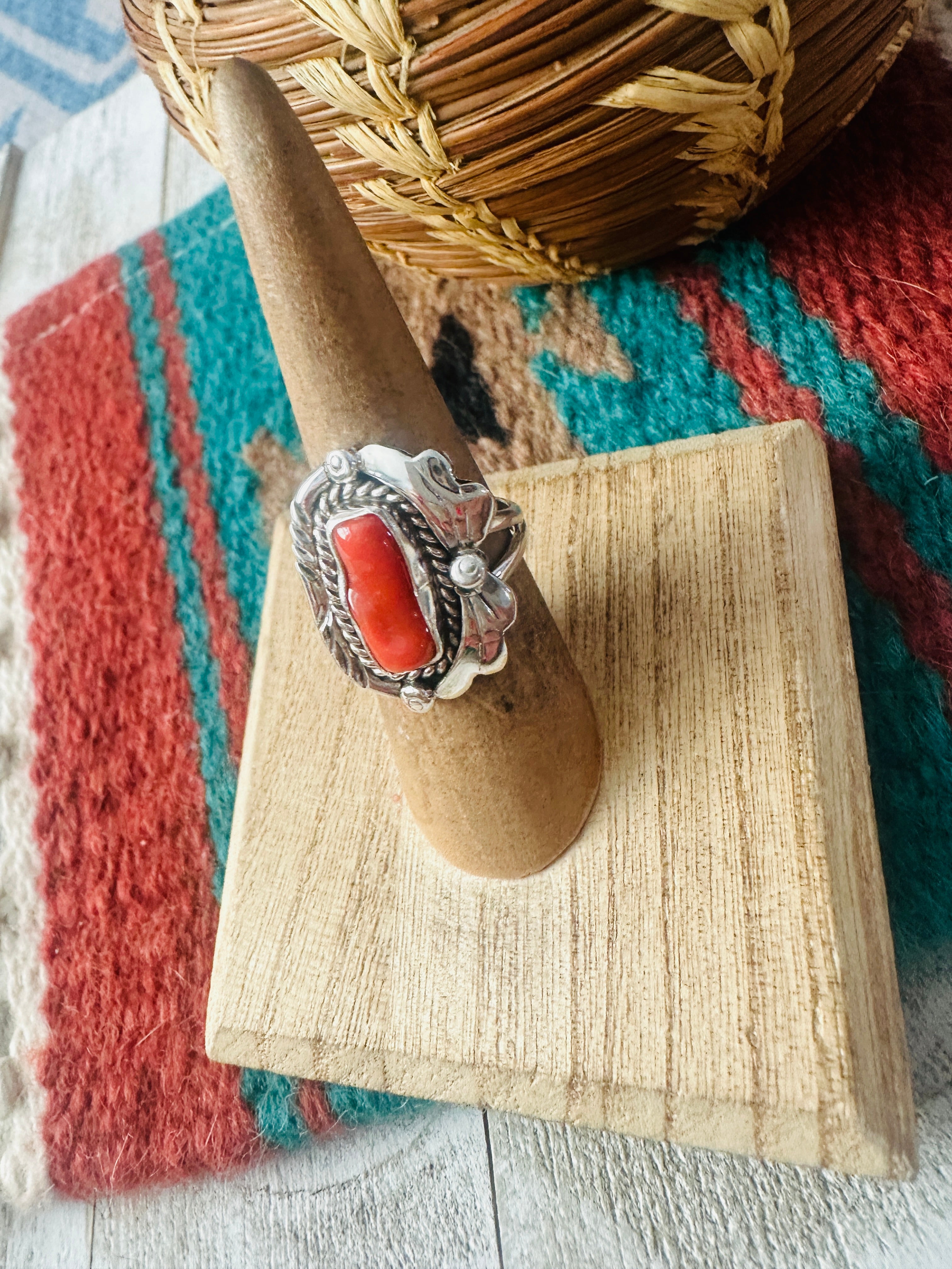 Navajo Coral & Sterling Silver Ring Size 5.5