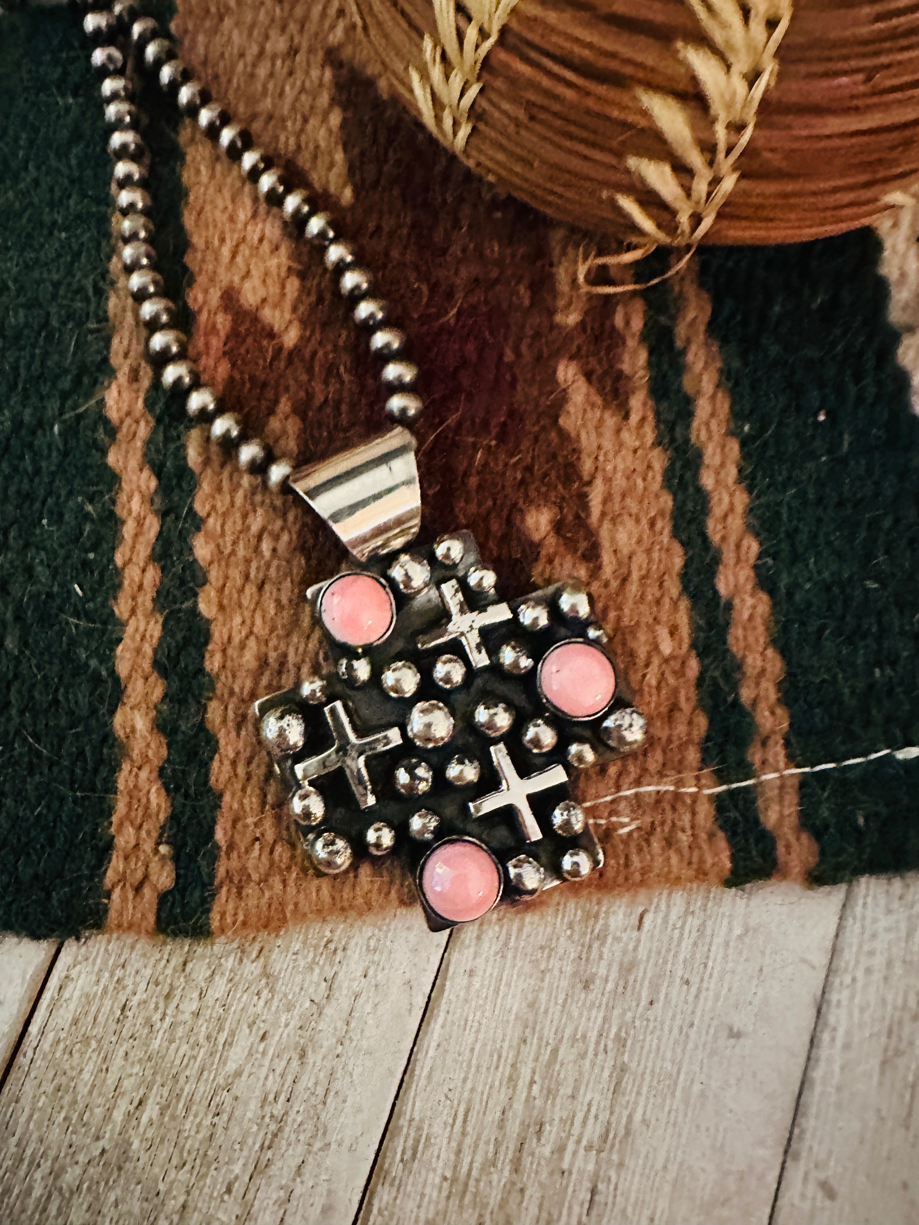 Handcrafted Queen Pink Conch & Sterling Silver Cross Pendant by Chimney Butte