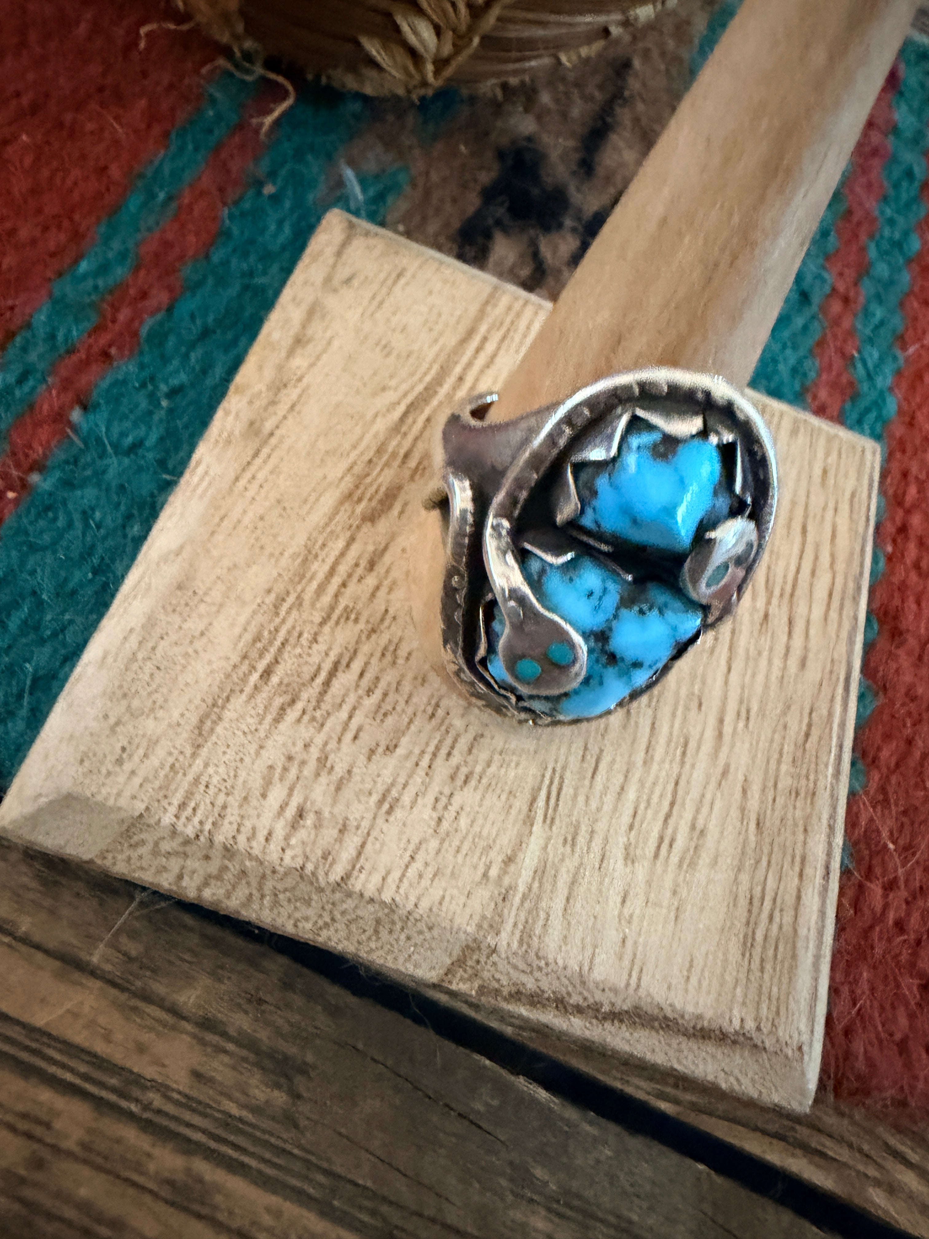 Old Pawn Handcrafted Turquoise & Sterling Silver Snake Ring Size 11.5 by Effie Calavaza