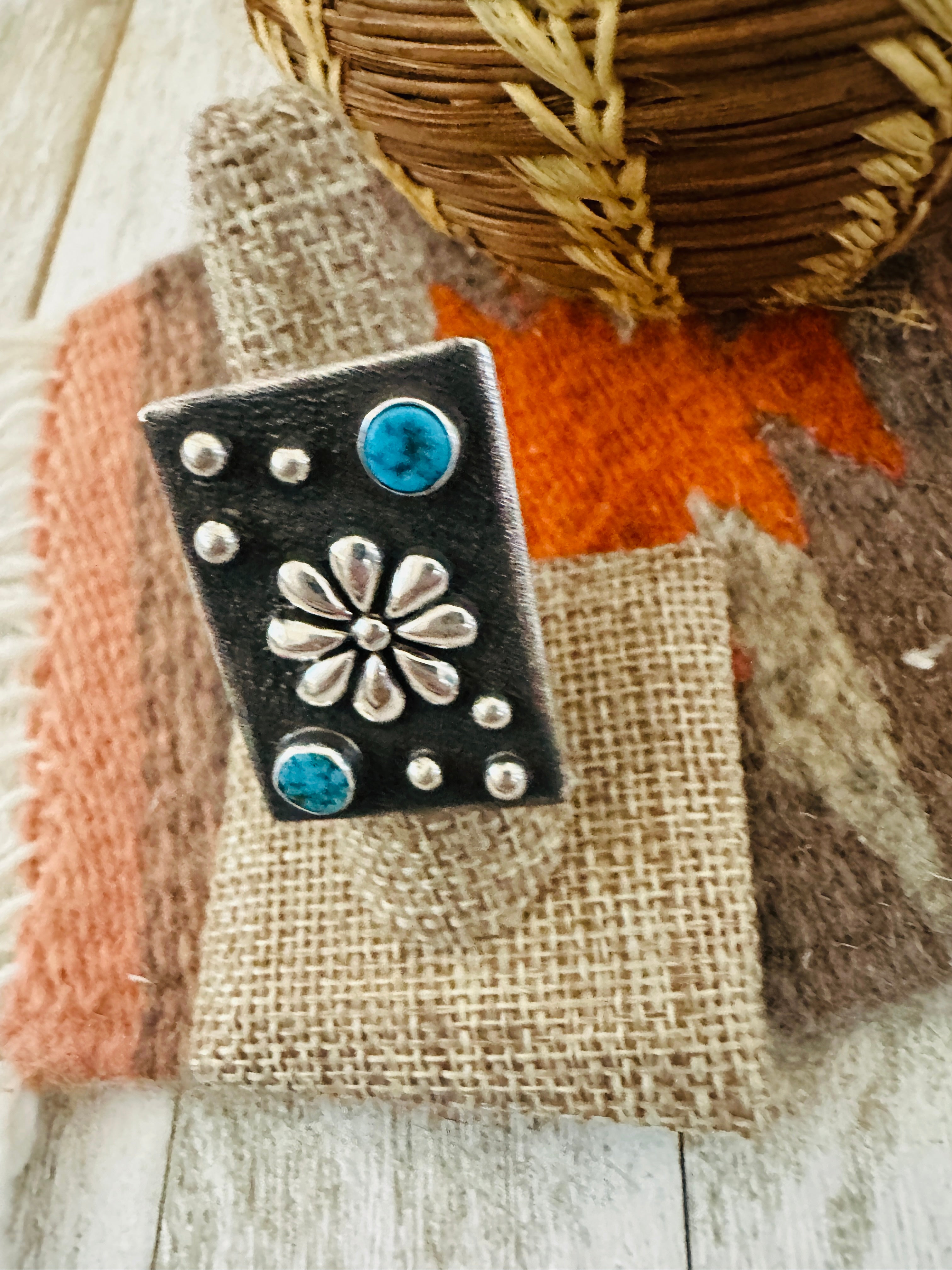 Handcrafted Sterling Silver & Studded Flower Turquoise Ring Size 8