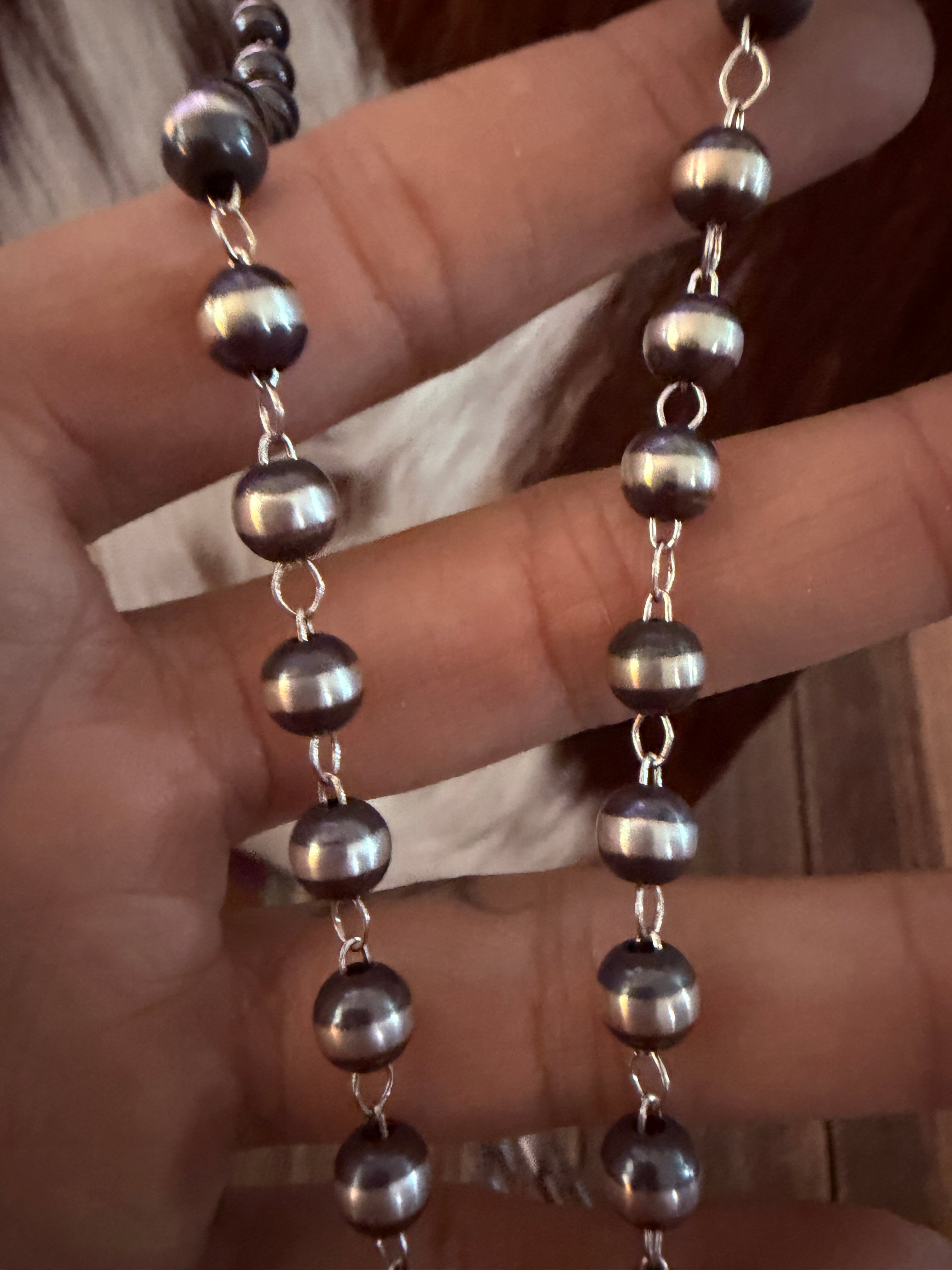 Handcrafted 5mm Sterling Silver Pearl Beaded Rosary Style Necklace 30”