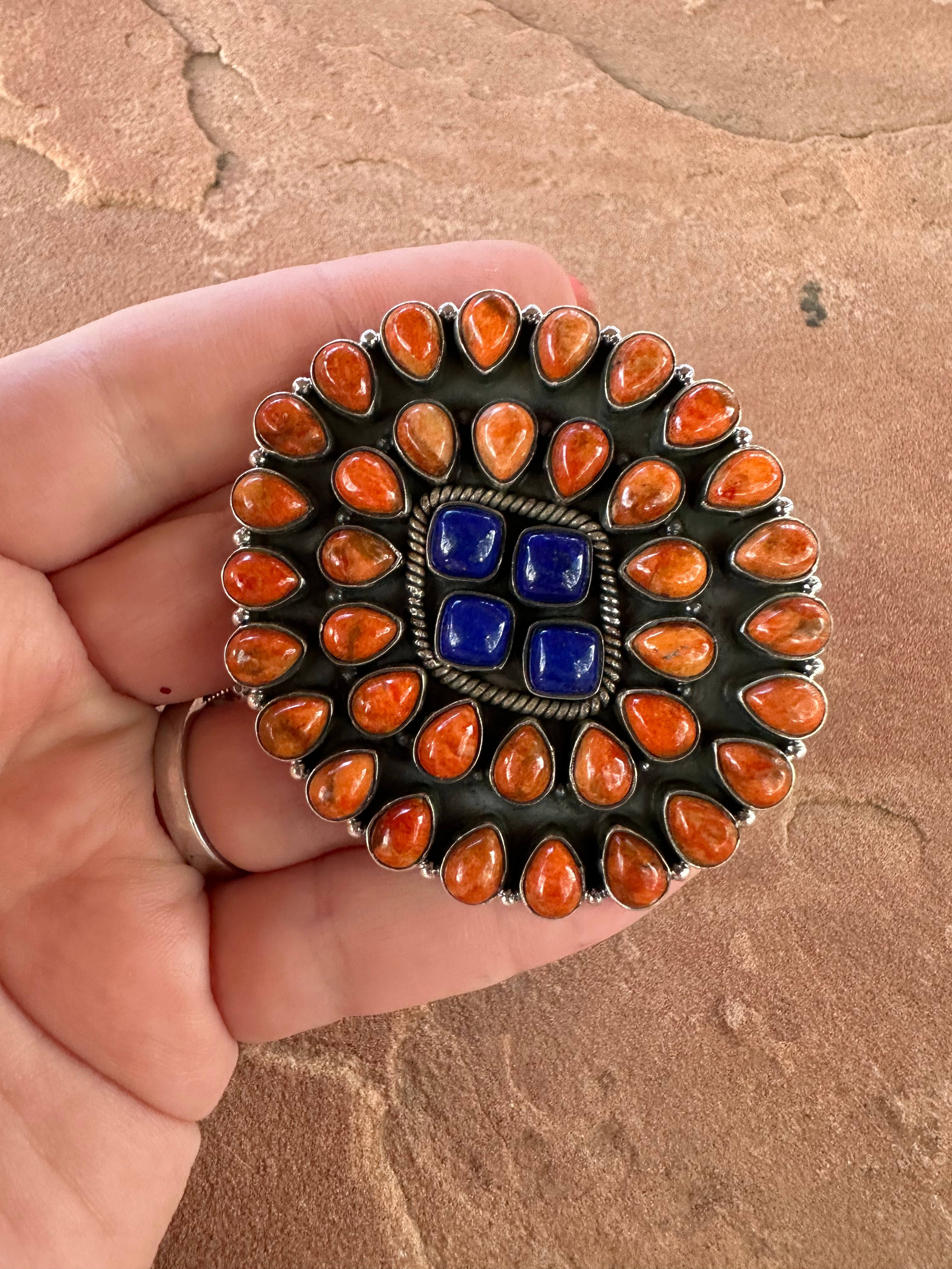 Beautiful Handmade Orange Mojave, Lapis And Sterling Silver Adjustable Statement Ring