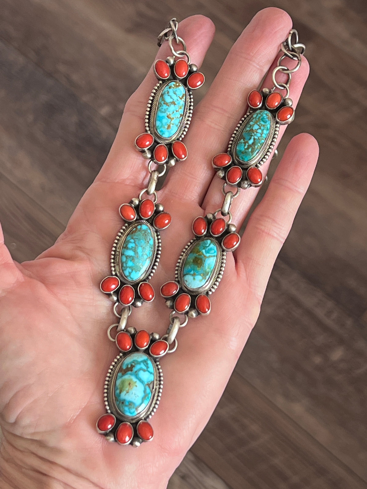 Kathleen Chavez Sterling Silver, Kingman Turquoise & Mediterranean Coral Taos Collection Necklace & Earrings Set