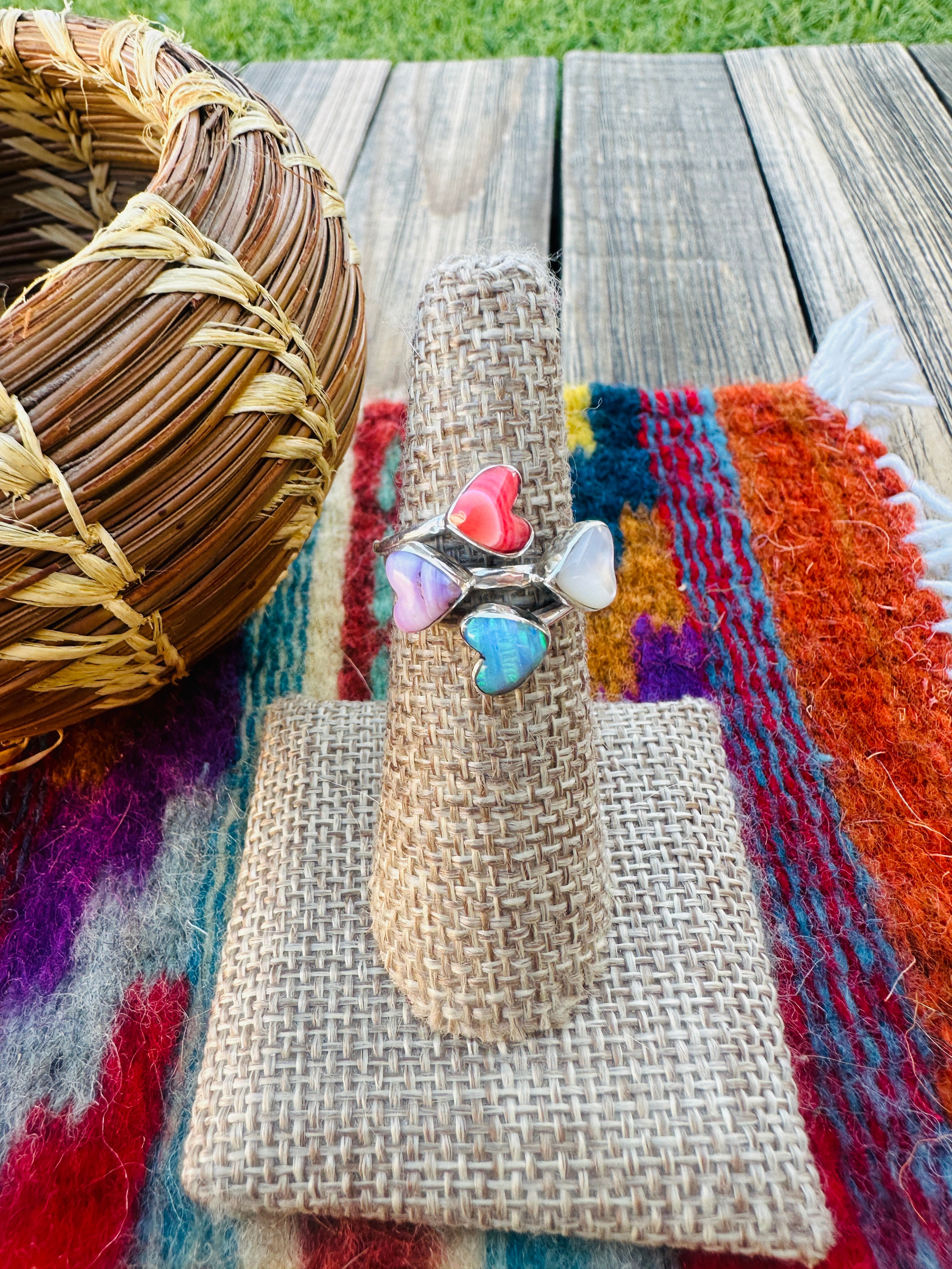 Handcrafted Multi Stone & Heart Ring Size 8