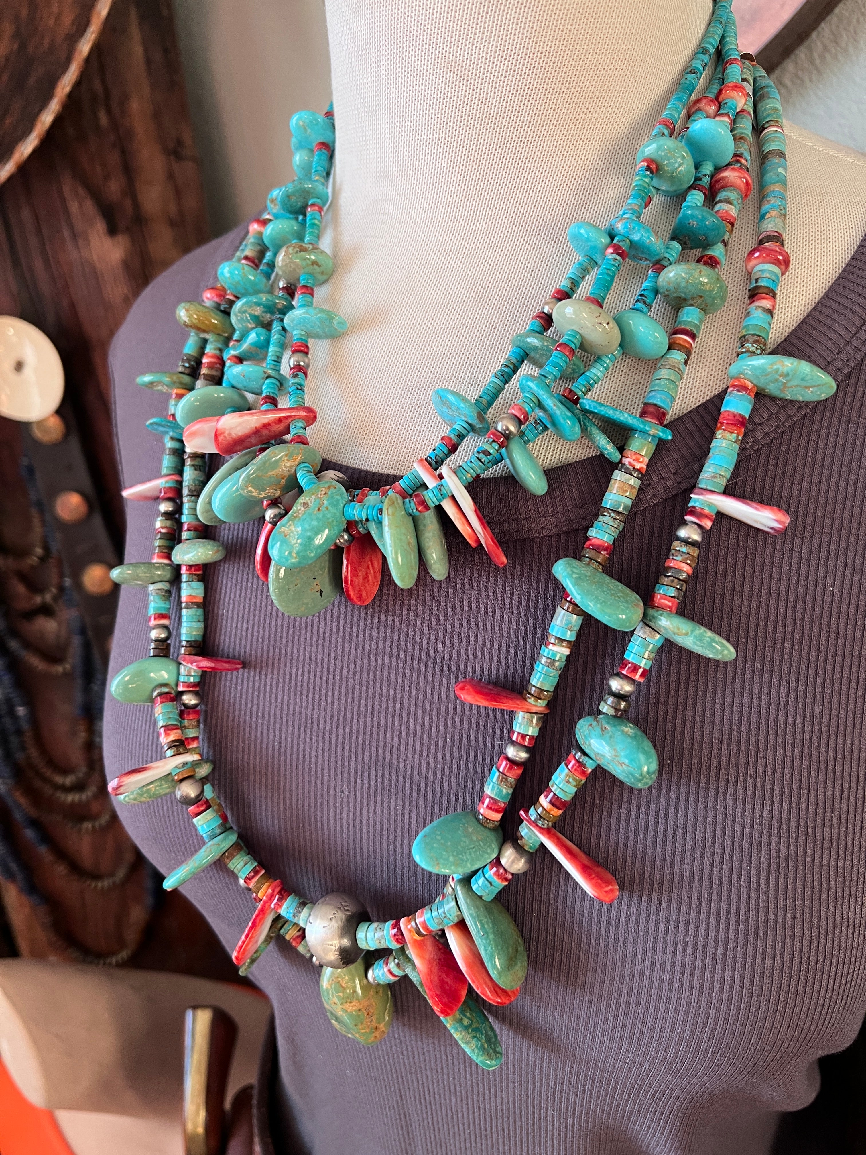 Gorgeous Handcrafted Triple Strand Sterling Silver, Turquoise and Spiny Oyster Beaded Tab Necklace by Daniel Coriz