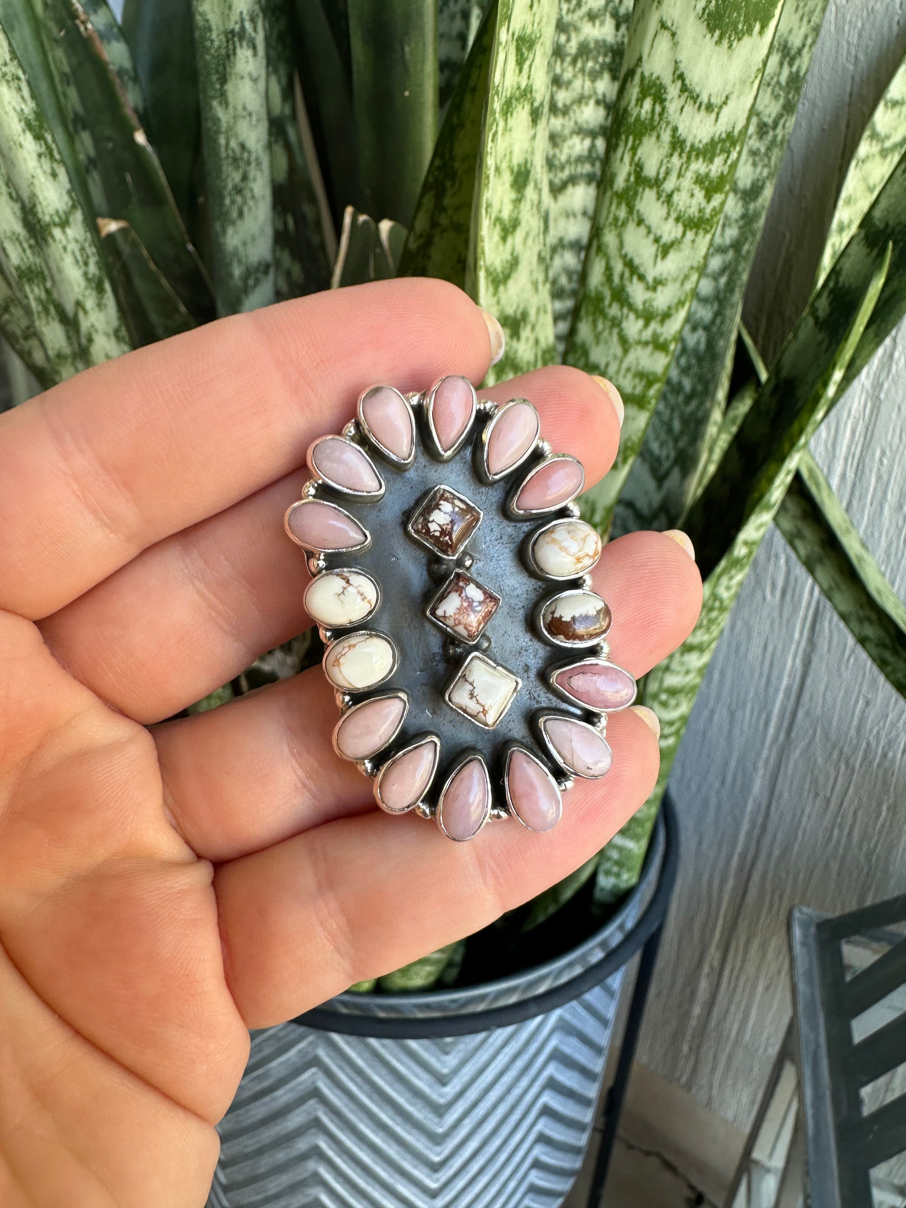 Beautiful Handmade Wild Horse, Pink Conch And Sterling Silver Adjustable Cluster Ring