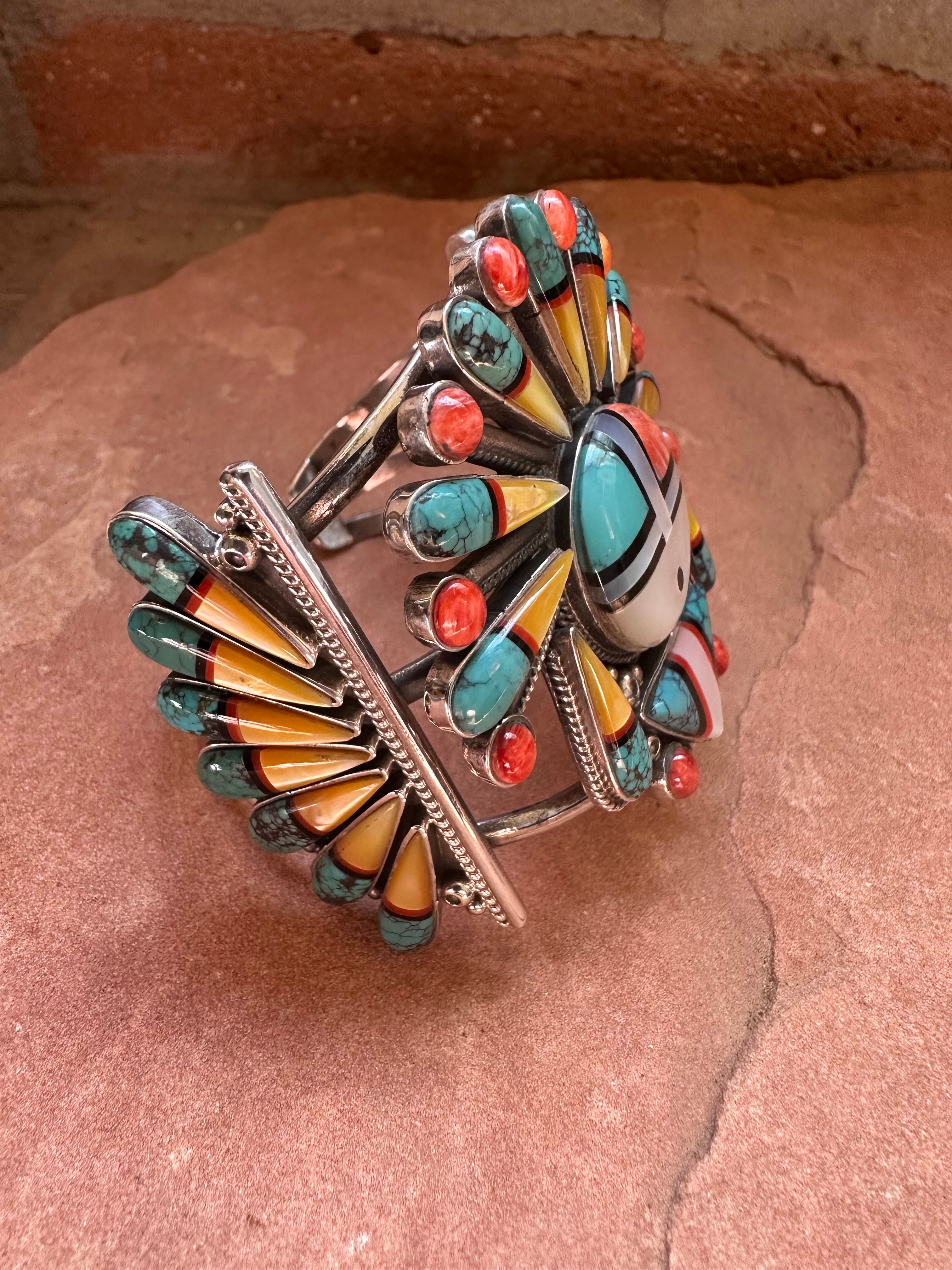 Handmade Sterling Silver Multi Stone Southwest Inlay Sunface Cuff