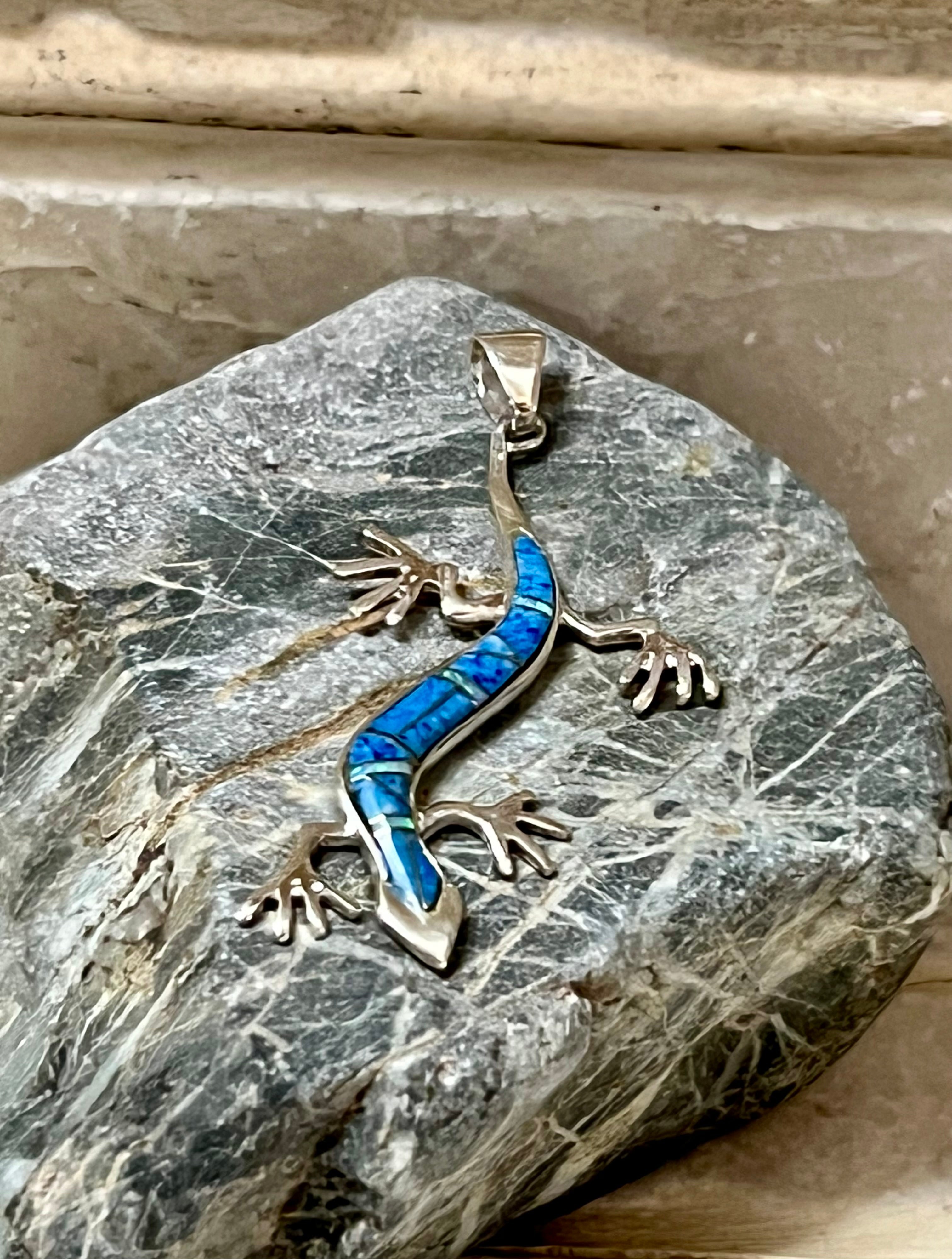 Lapis Lizard 925 Sterling Silver Pendant USA Handmade with Opal Accent