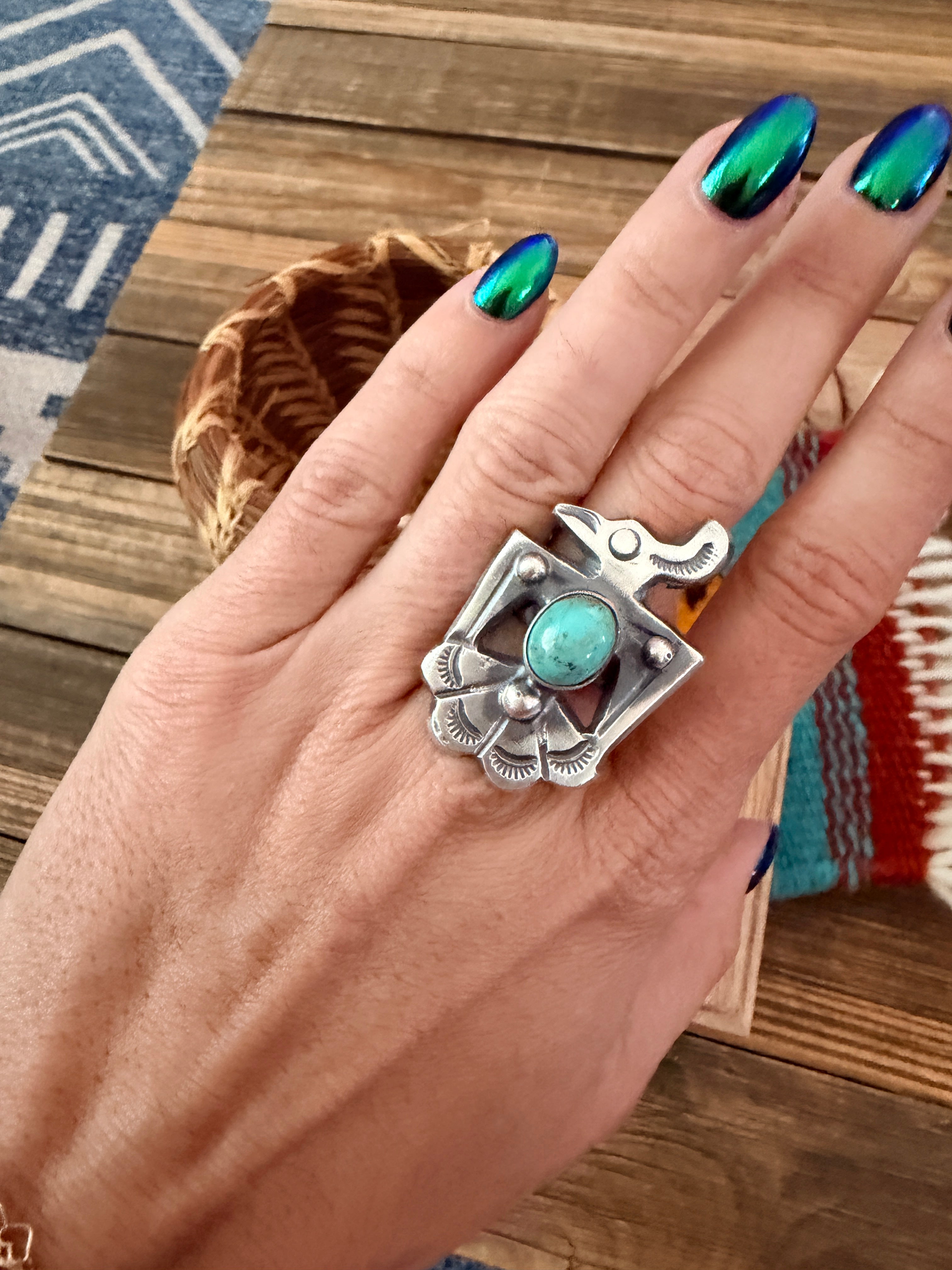 Handcrafted Turquoise and Sterling Silver Thunderbird Ring size 9 by Chimney Butte