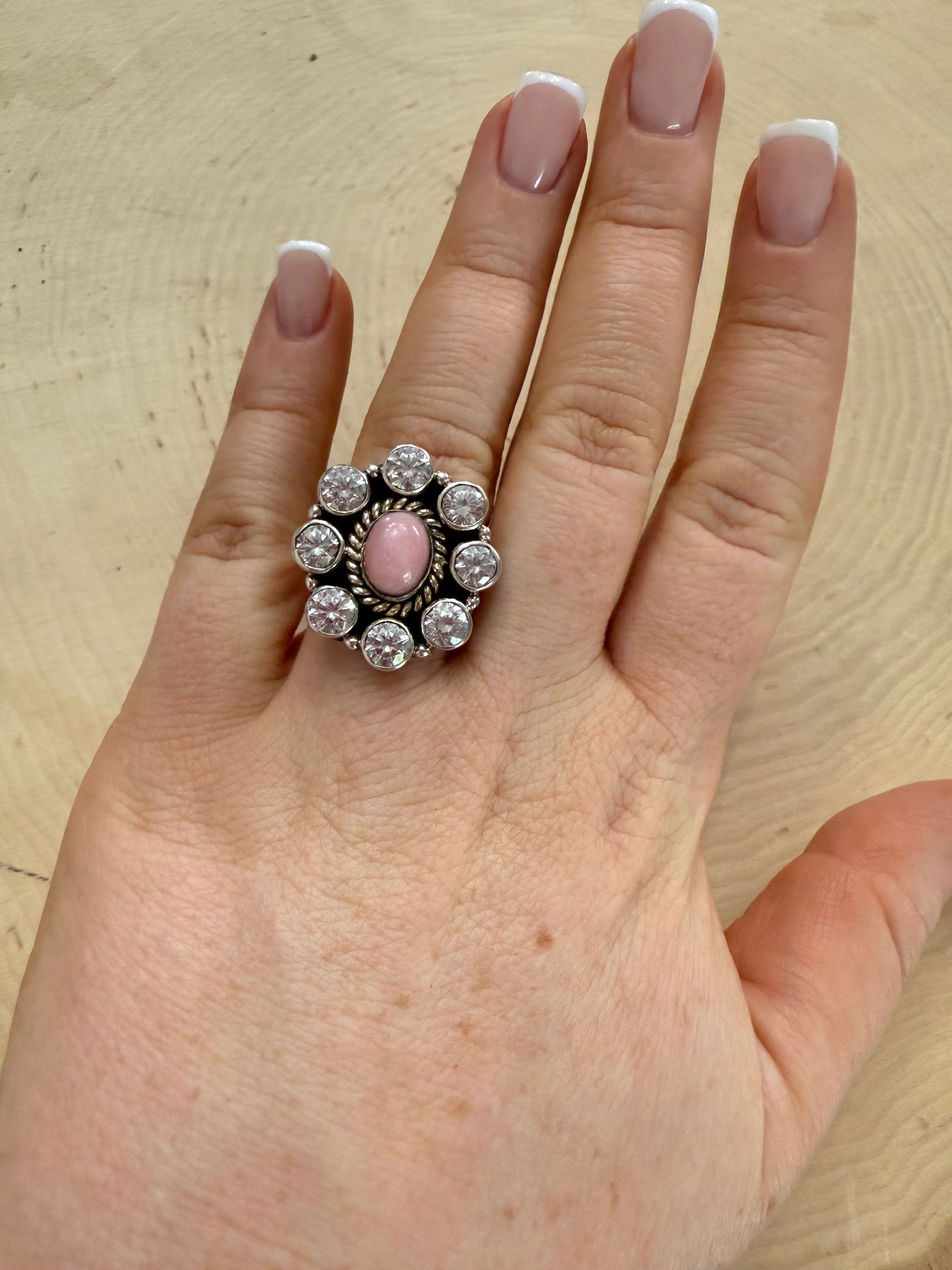 Handmade Pink Conch, CZ & Sterling Silver Adjustable Ring