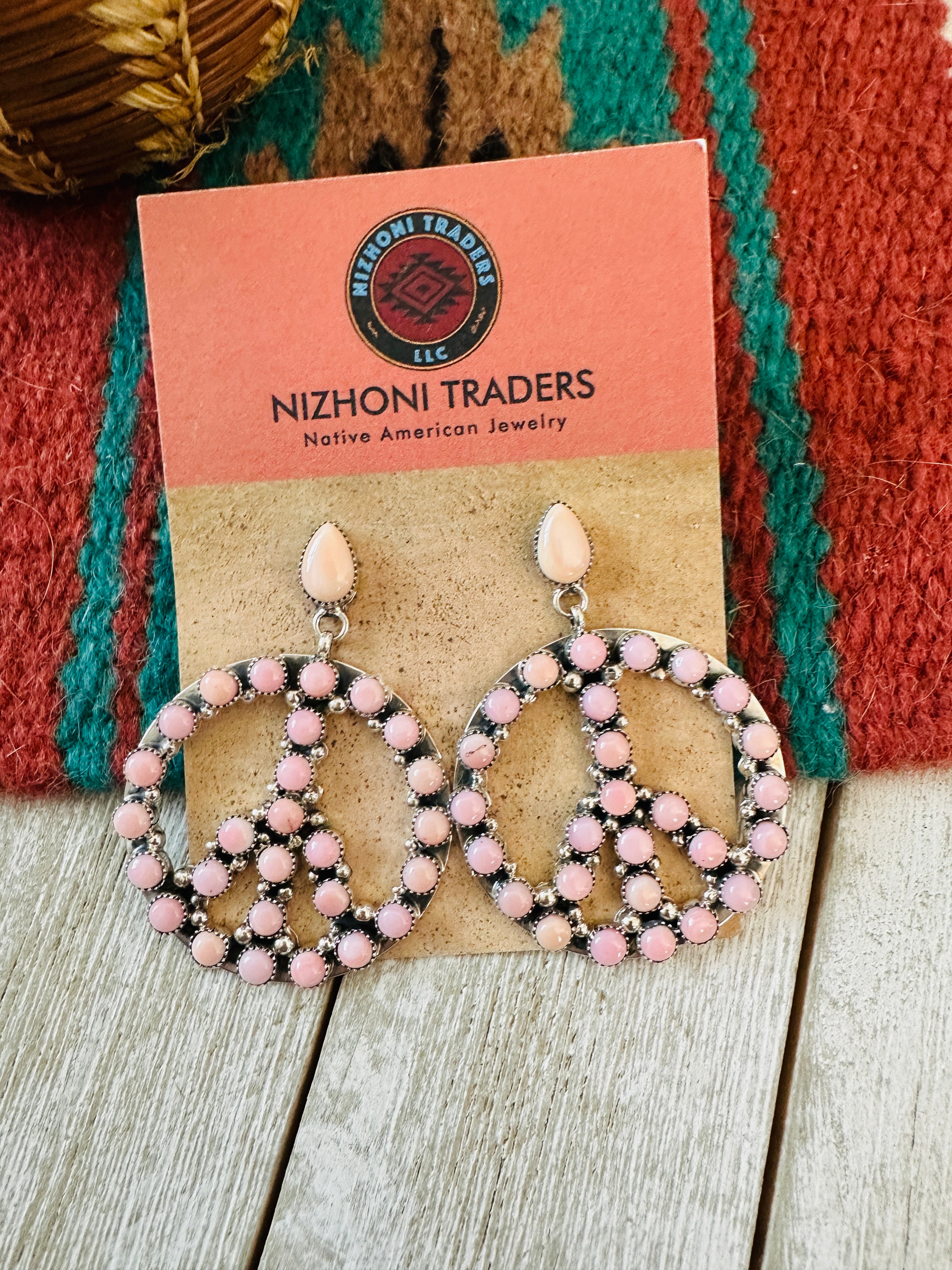Navajo Queen Pink Conch & Sterling Silver Peace Sign Dangle Earrings