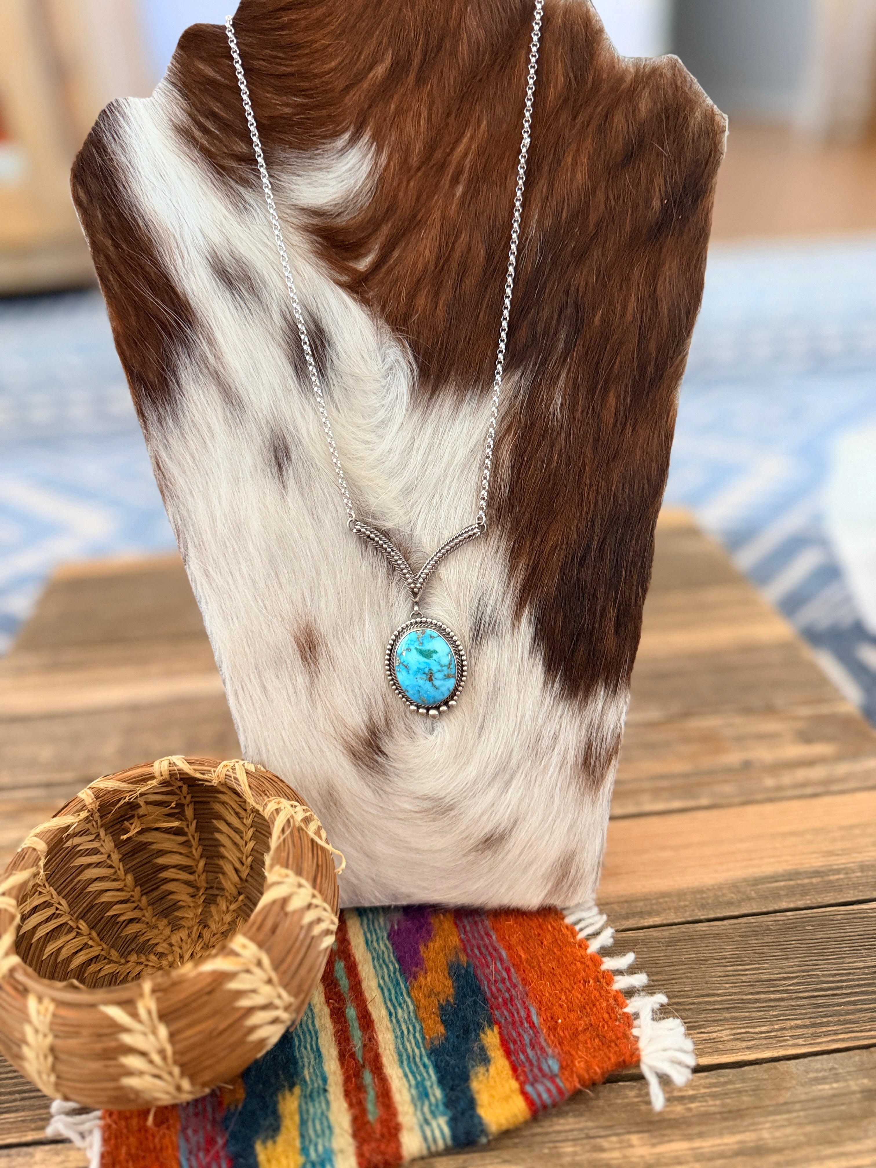 Handcrafted Sterling Silver & Kingman Turquoise Necklace by Sheila Tso