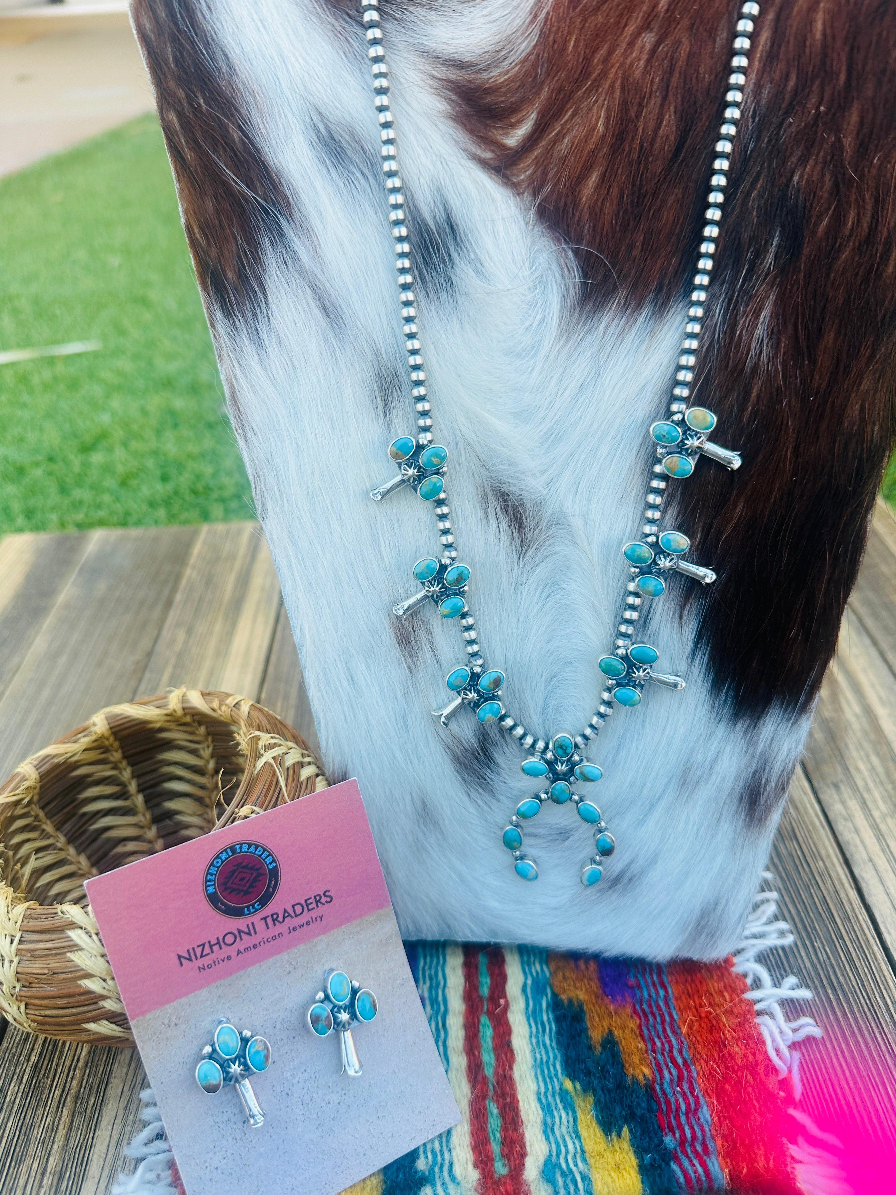 Handcrafted Sterling Silver & Turquoise Squash Blossom Necklace Set