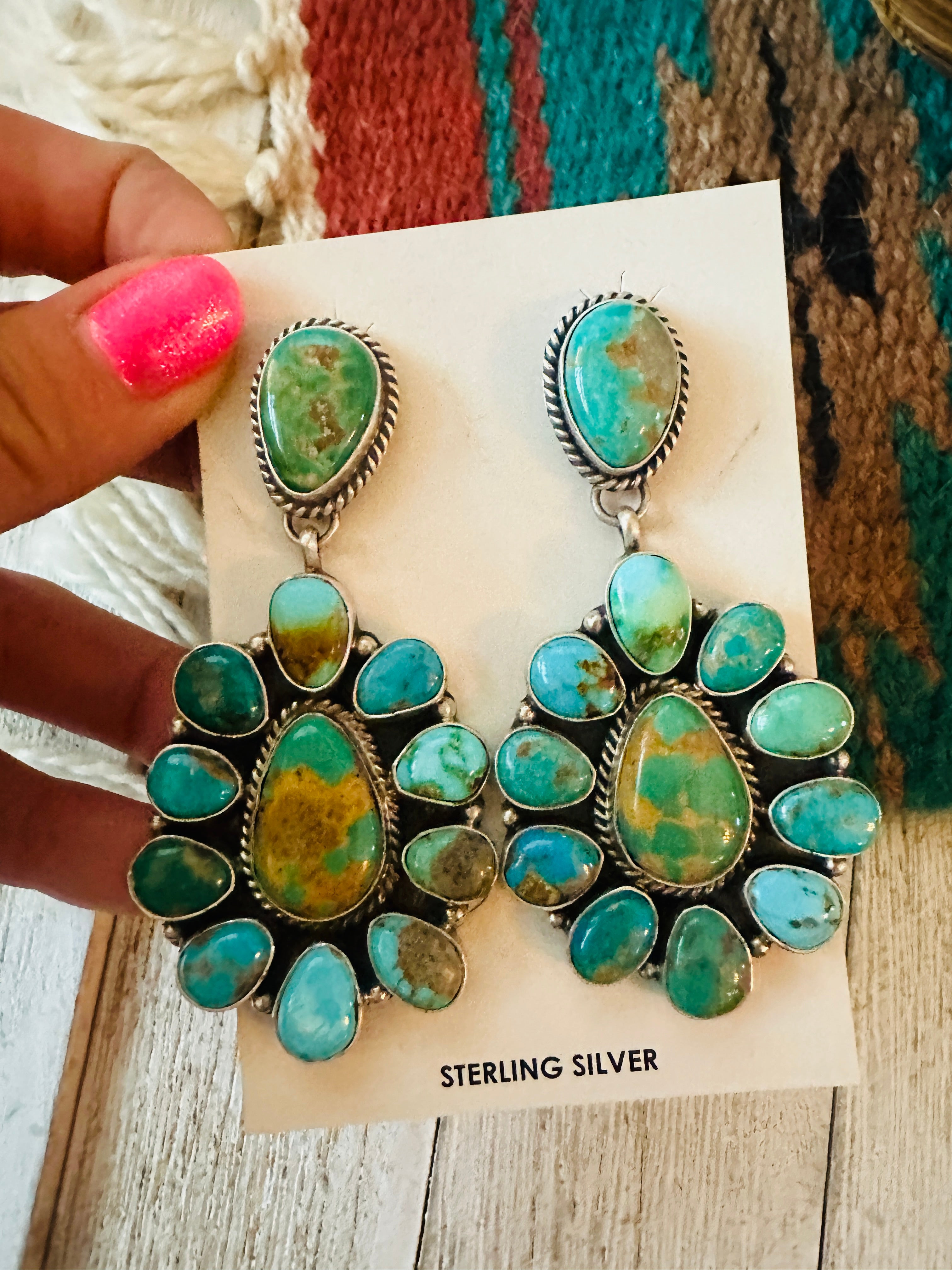 Navajo Turquoise & Sterling Silver Cluster Dangle Earrings