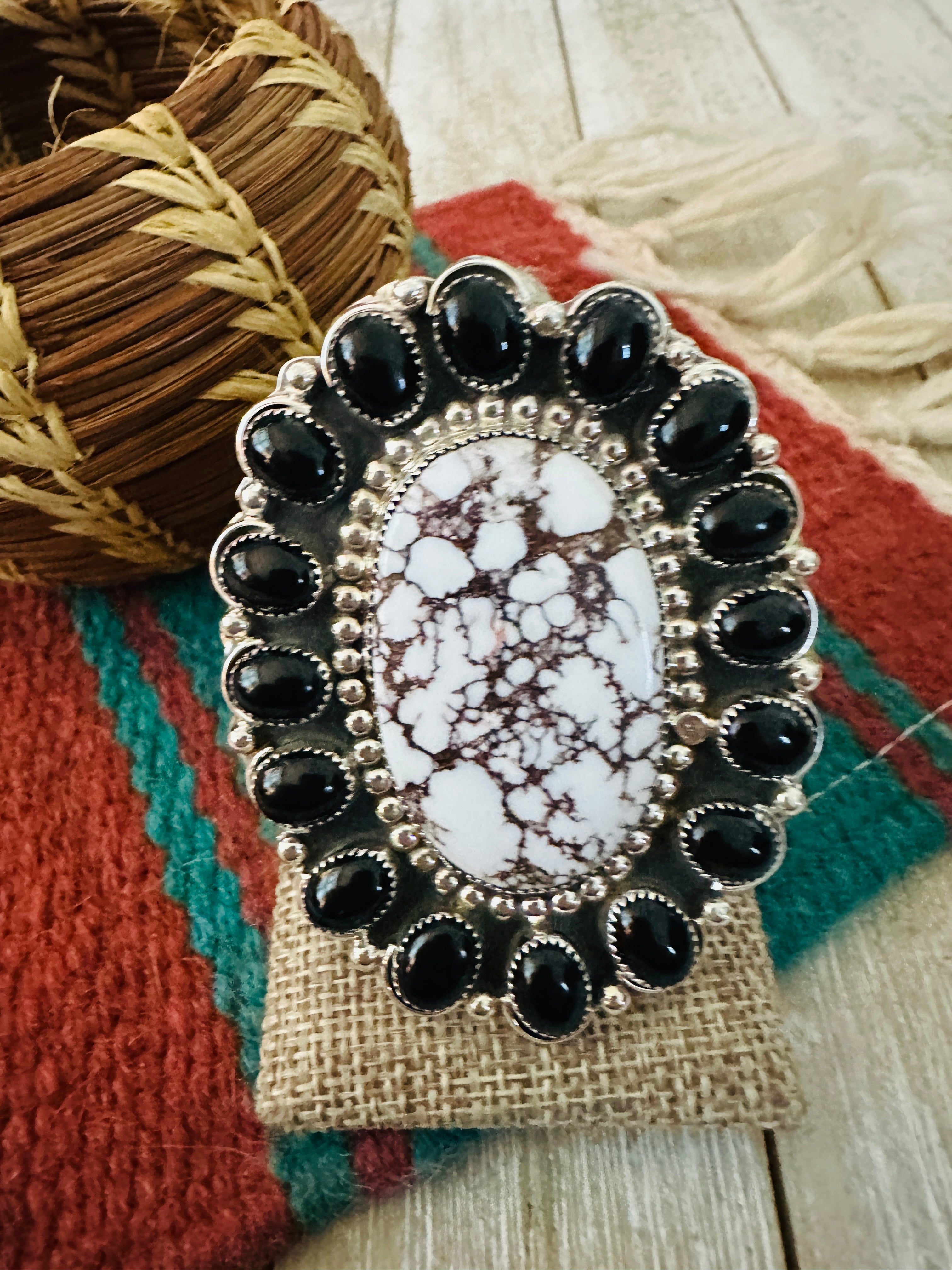 Handcrafted Black Onyx, Wild Horse & Sterling Silver Cluster Ring size 10.25