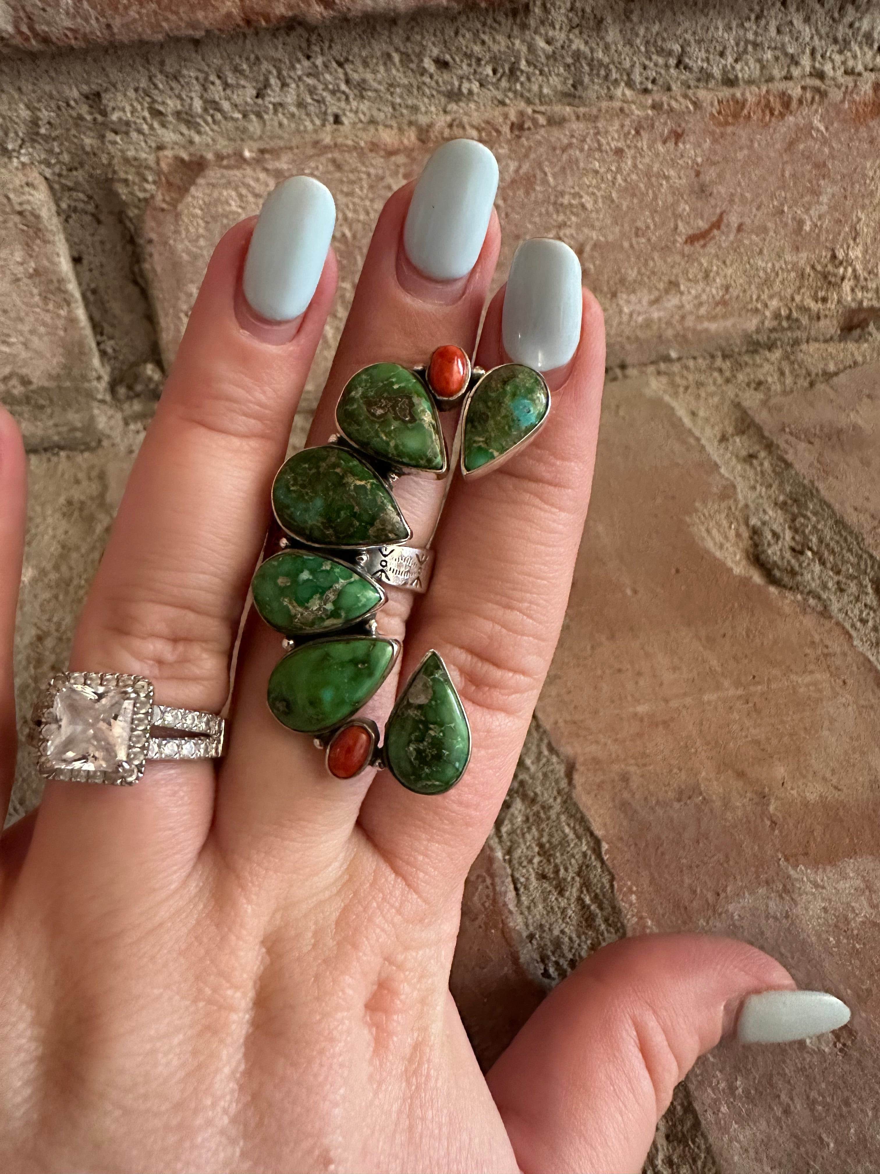 Beautiful Handmade Sonoran Turquoise, Coral And Sterling Silver Adjustable Ring