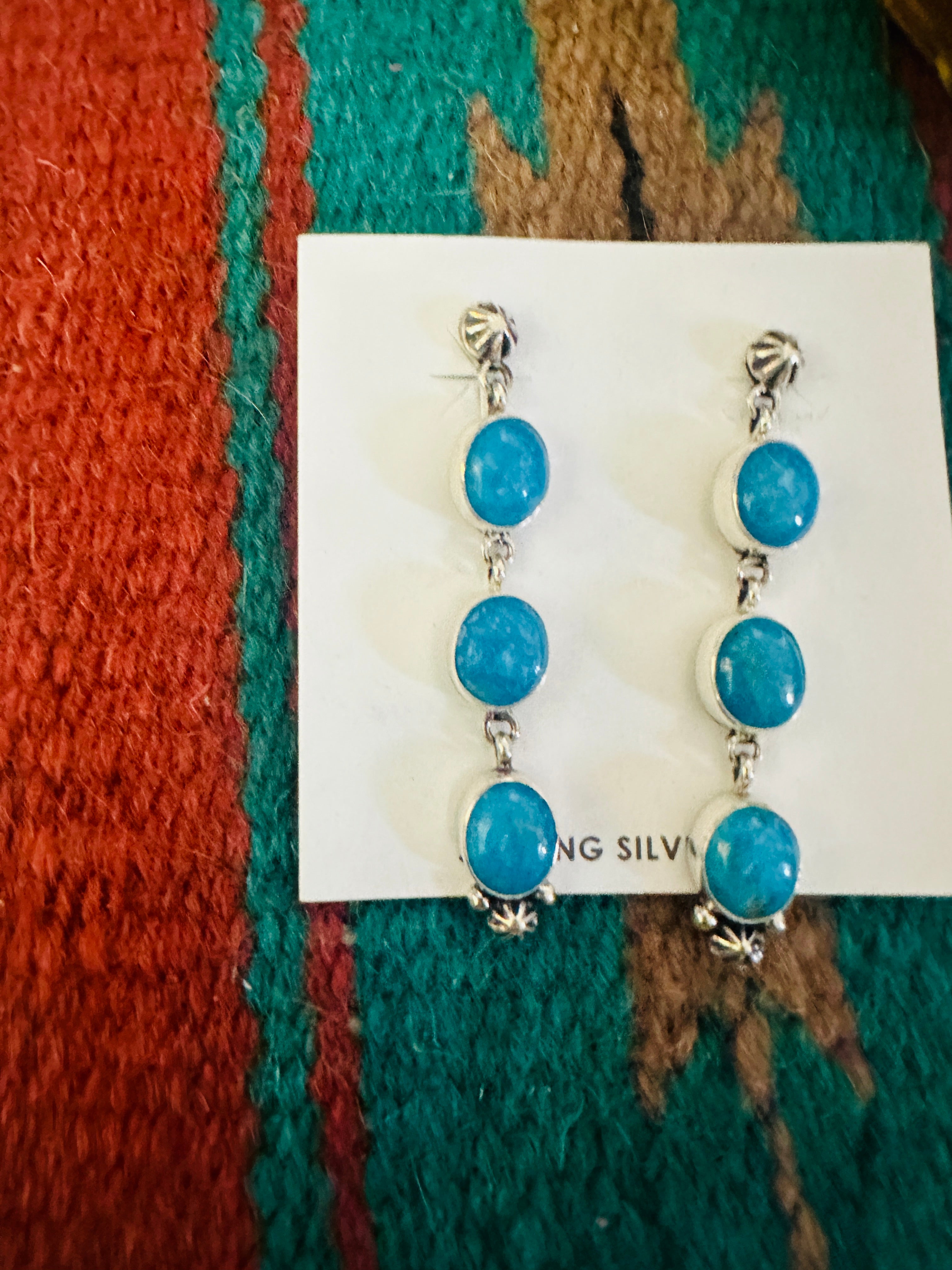 Navajo Kingman Turquoise And Sterling Silver Dangle Earrings