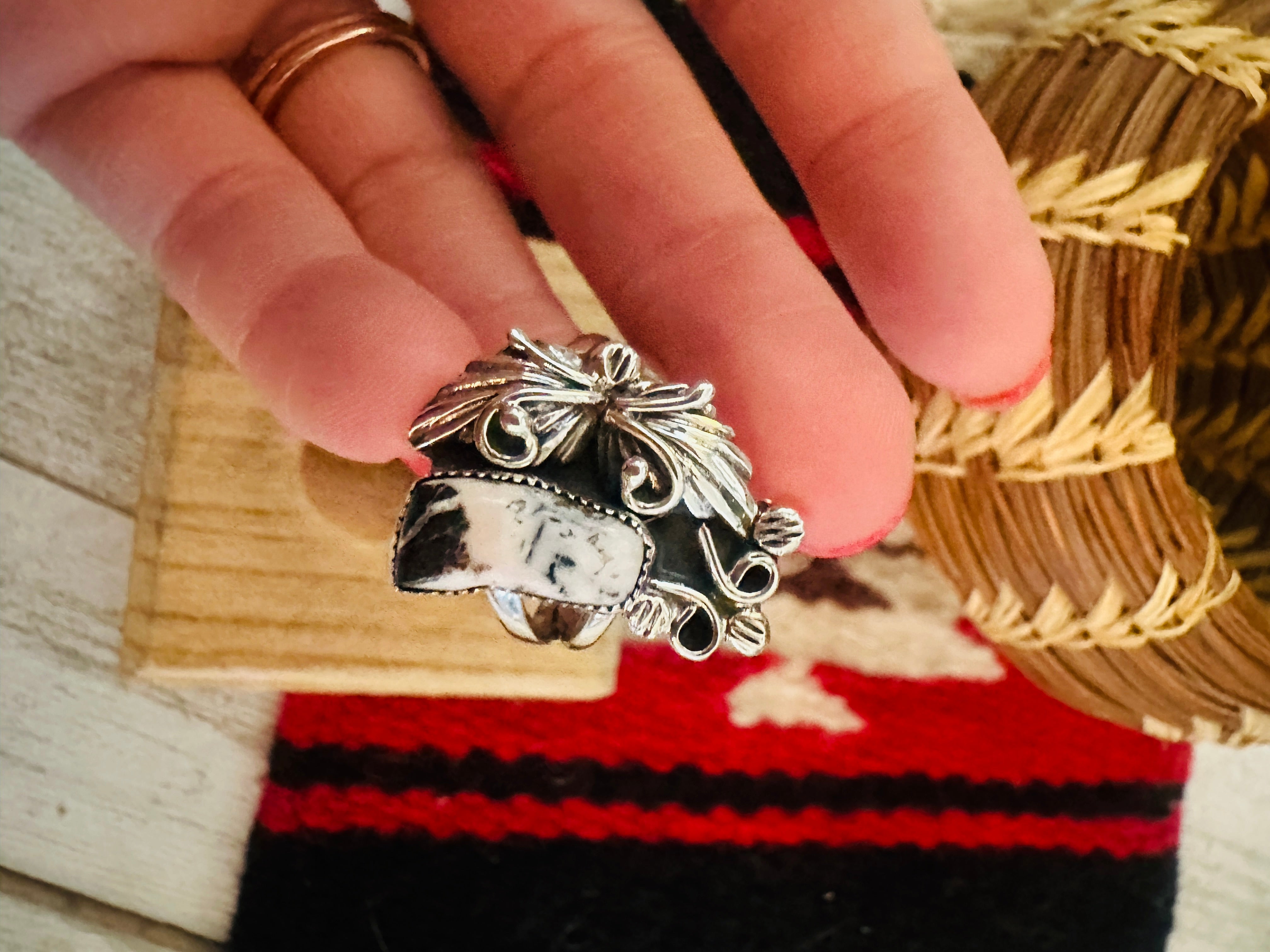 Navajo Sterling Silver And White Buffalo Ring Size 8.5