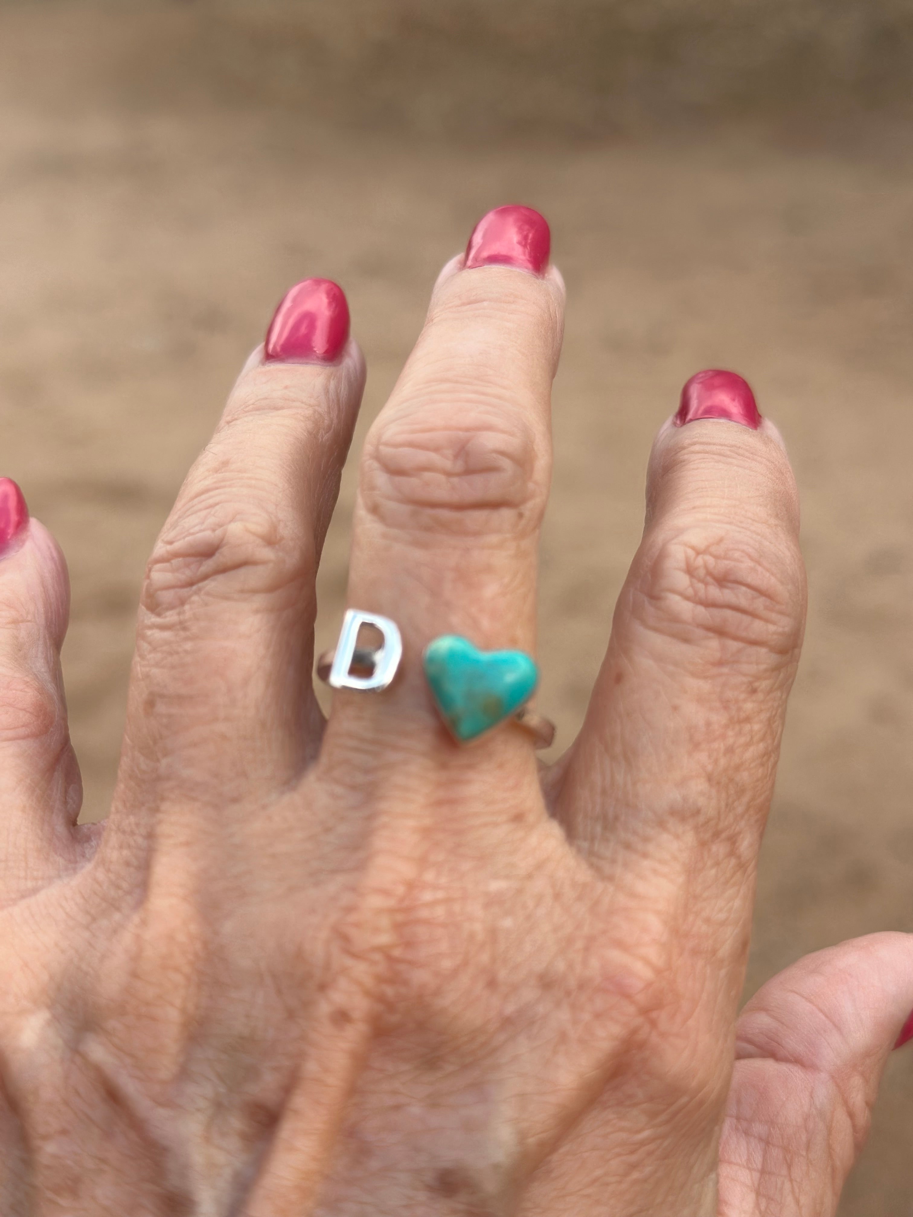 Handmade Sterling Silver & Turquoise Adjustable Initial Heart Ring