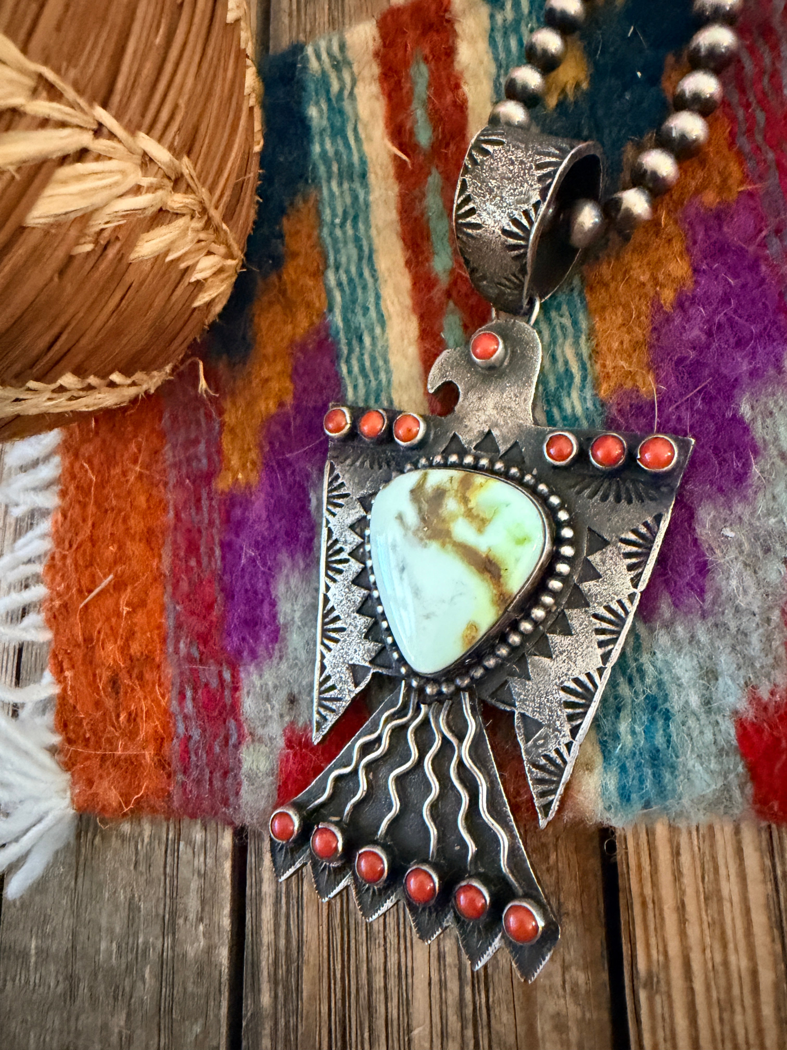 Handcrafted Sterling Silver, Turquoise & Coral Thunderbird Pendant by Shawn Cayatineto