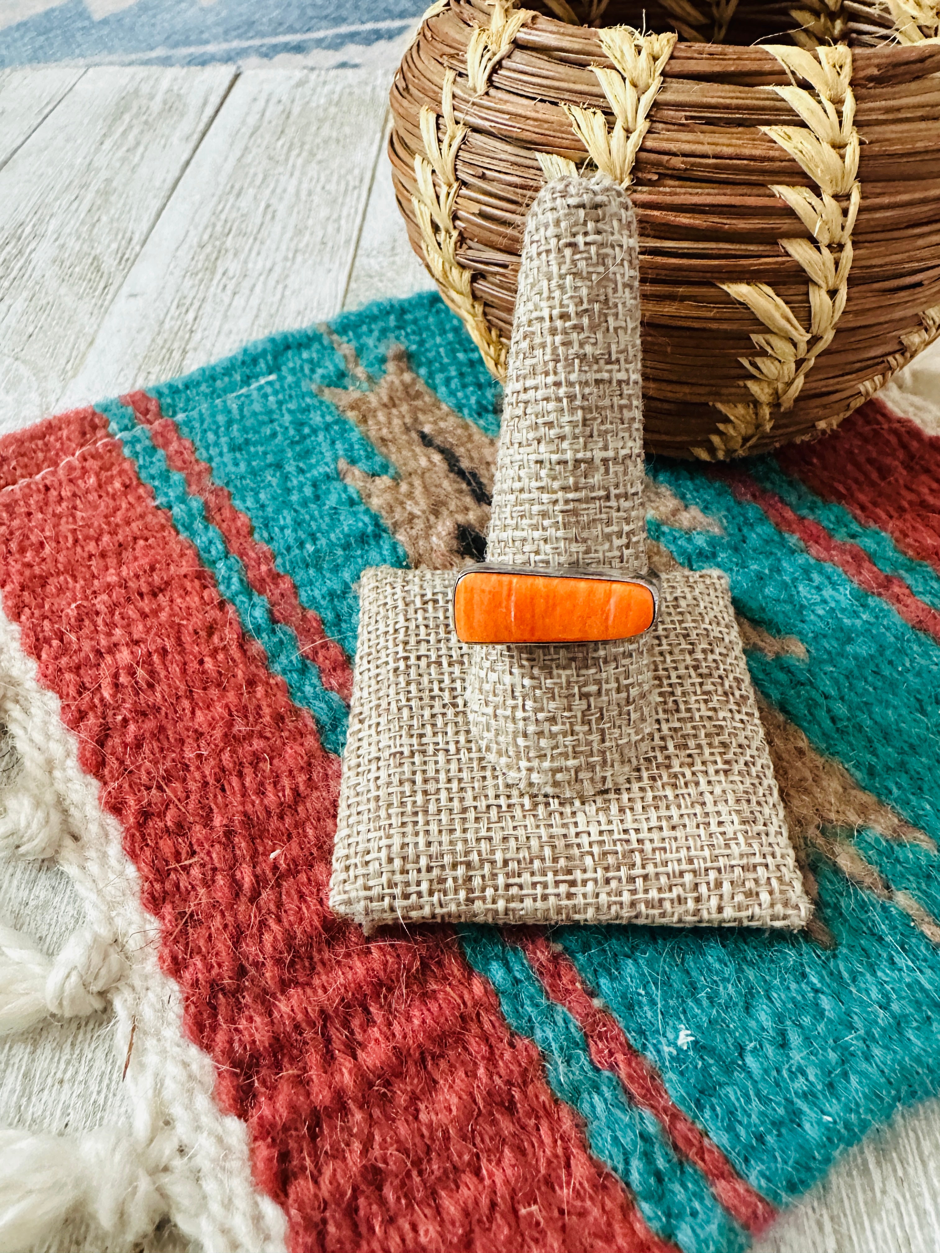 Handcrafted Sterling Silver & Orange Spiny Band Ring Size 10
