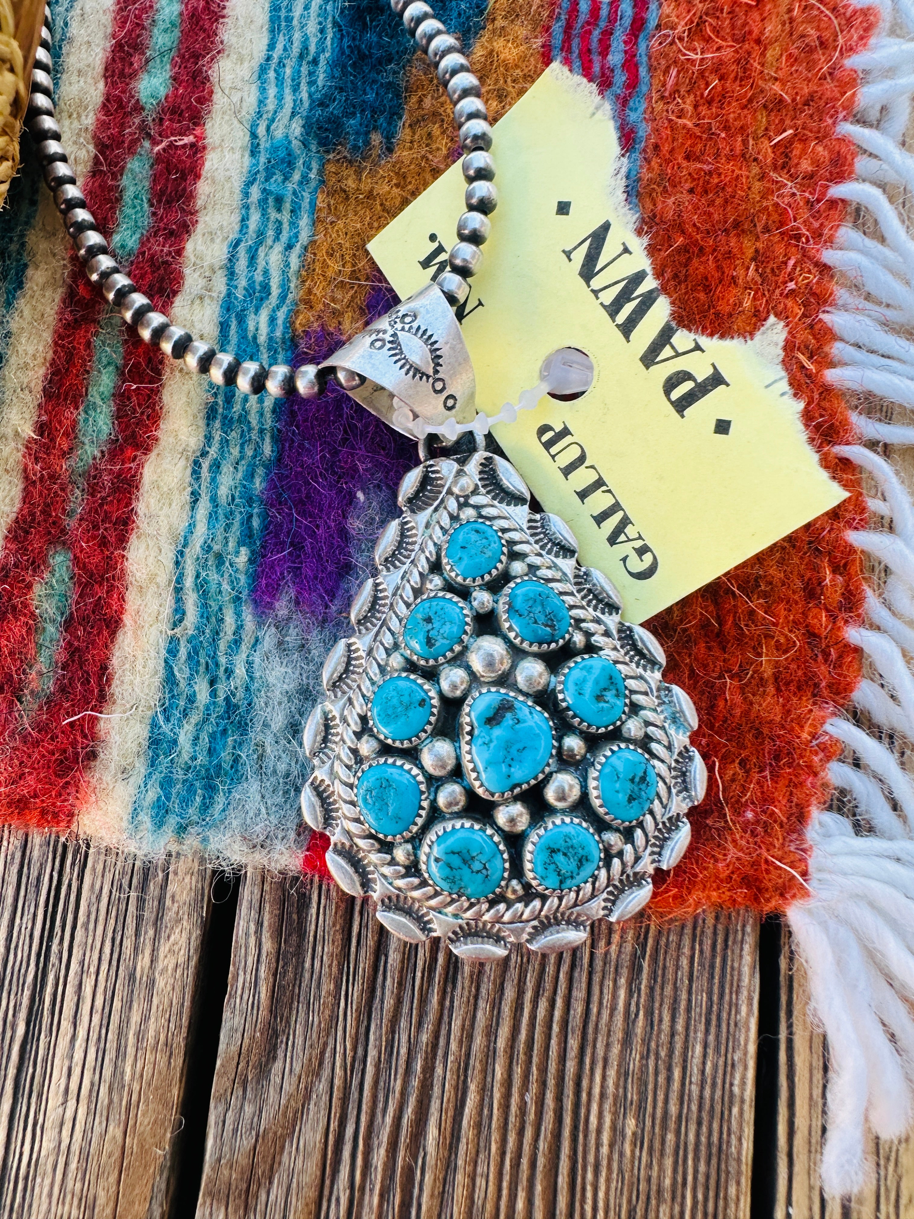 Old Pawn Handcrafted Turquoise and Sterling Silver Cluster Pendant