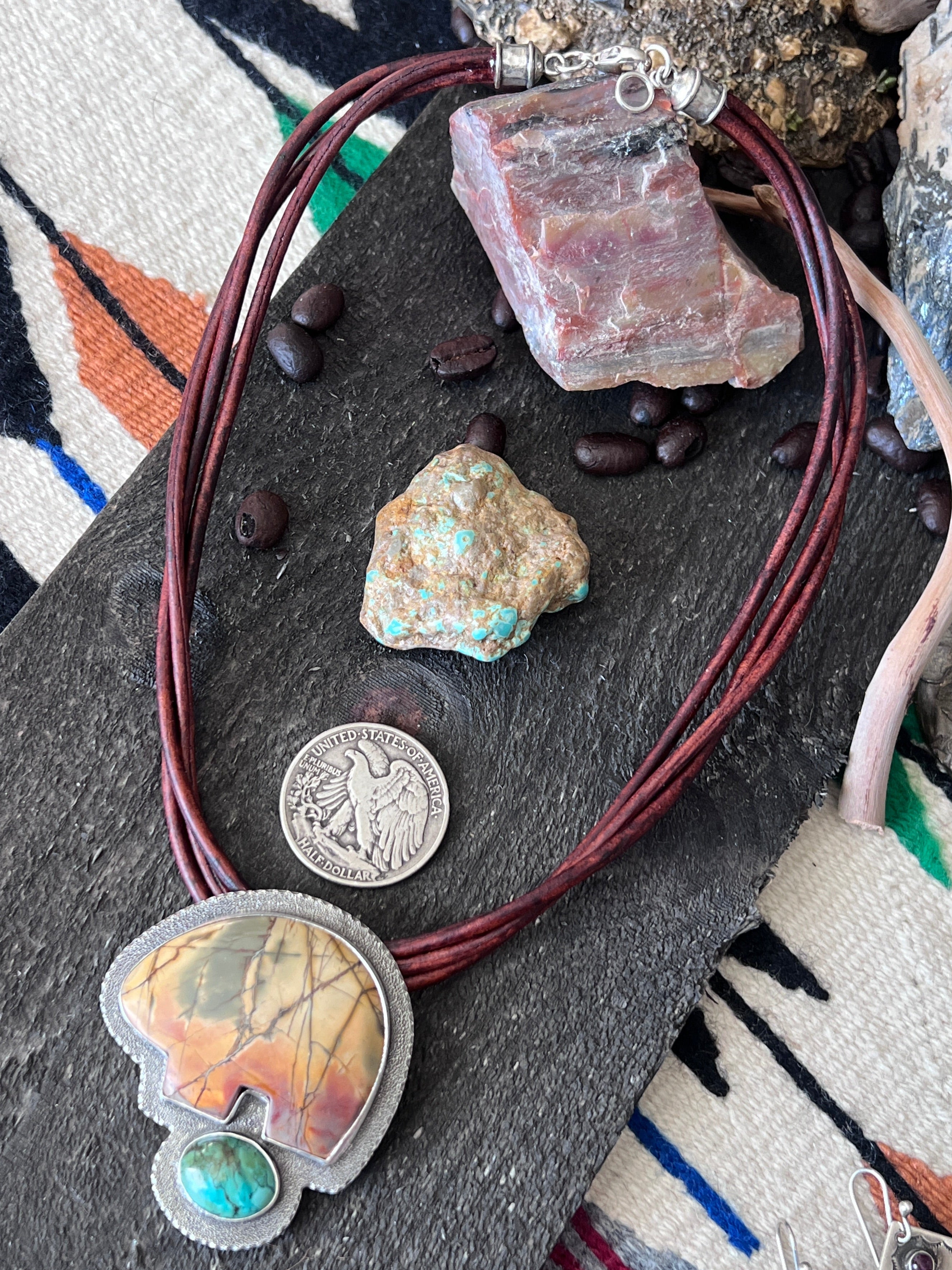 Tularosa Sterling Silver and Leather Red Creek Jasper Bear Necklace