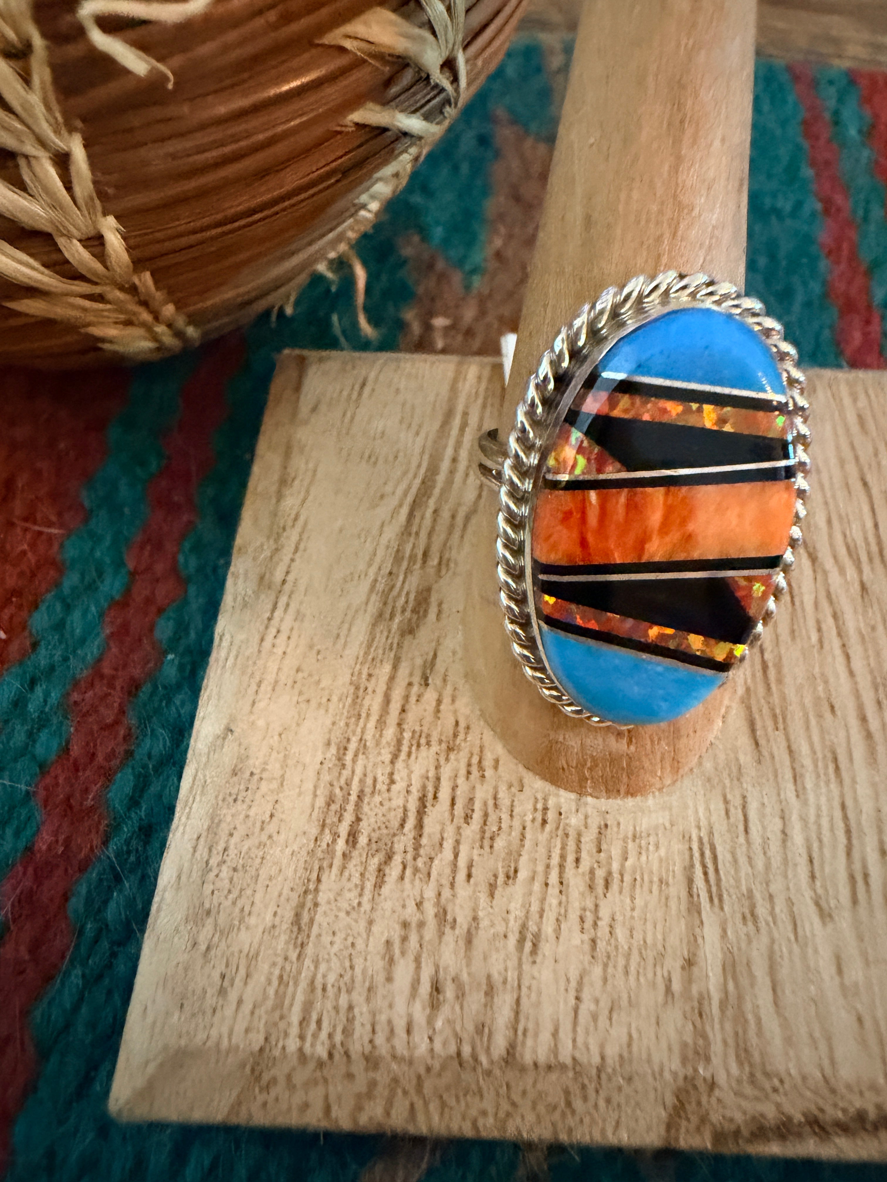 Handcrafted Multi Stone & Sterling Silver Inlay Ring Size 9