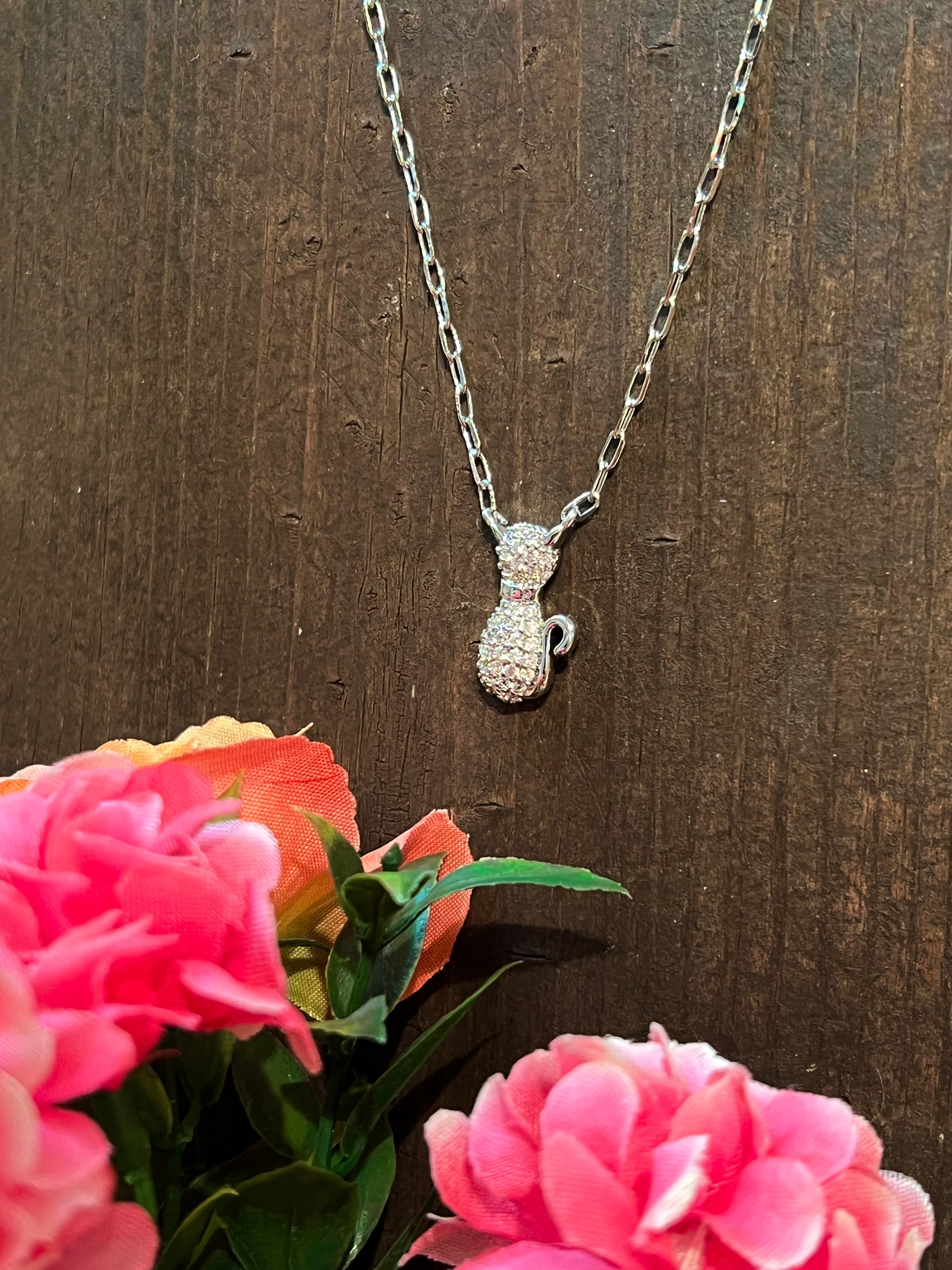 Silver Plated CZ Cat Pendant Chain Necklace