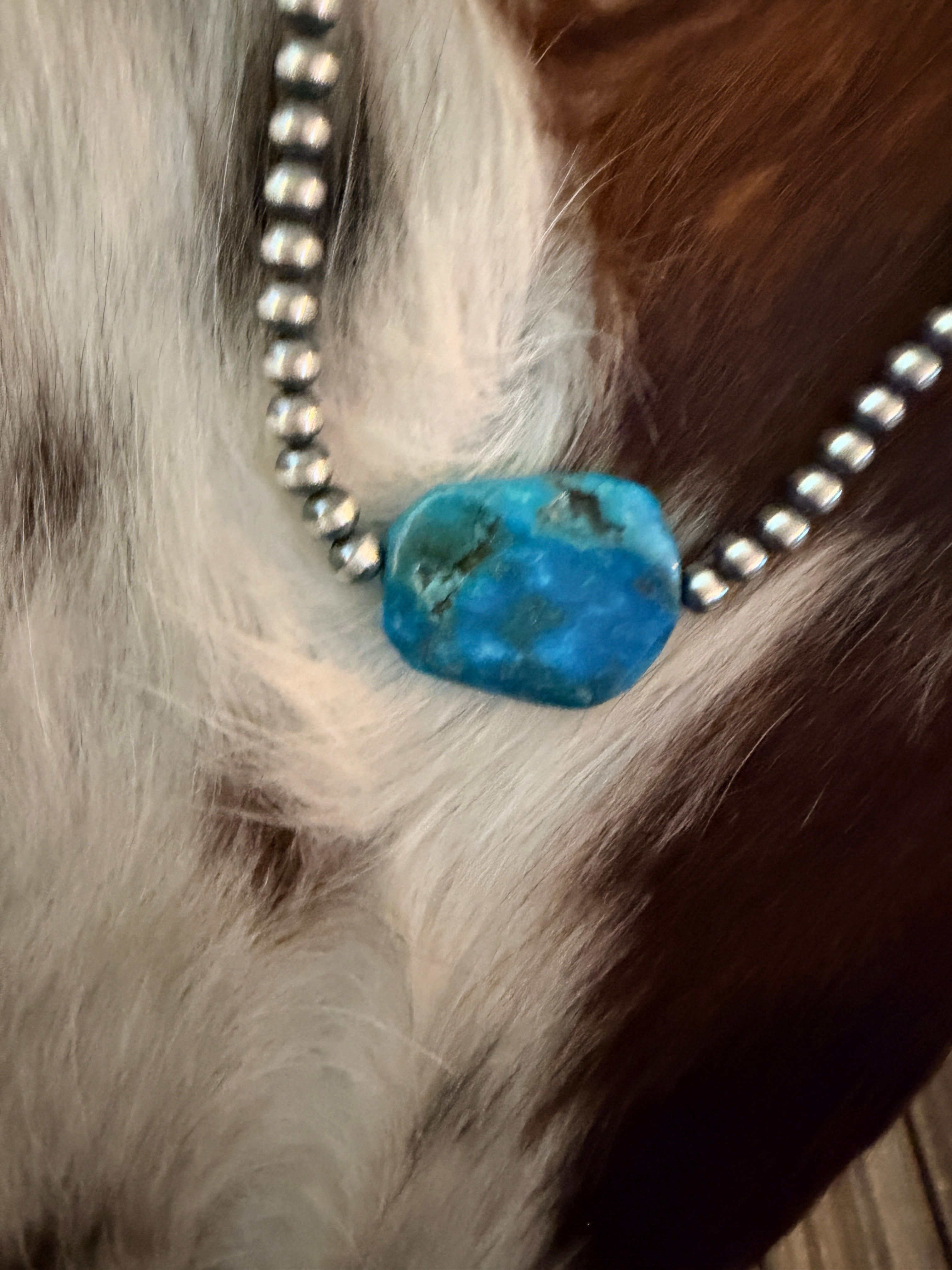 Handcrafted Kingman Turquoise & Sterling Silver Pearl 18” Beaded Necklace